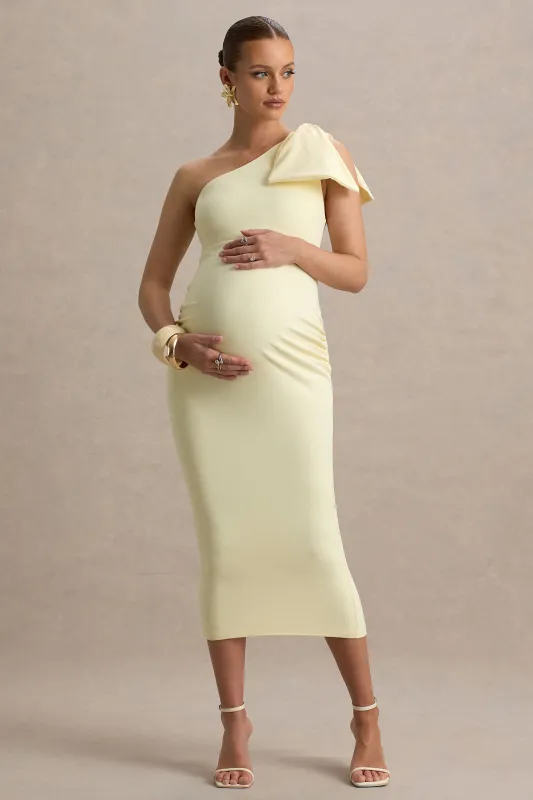 Adorn | Lemon Asymmetric Maternity Midi Dress With Shoulder Bow Detail sold by Club L London