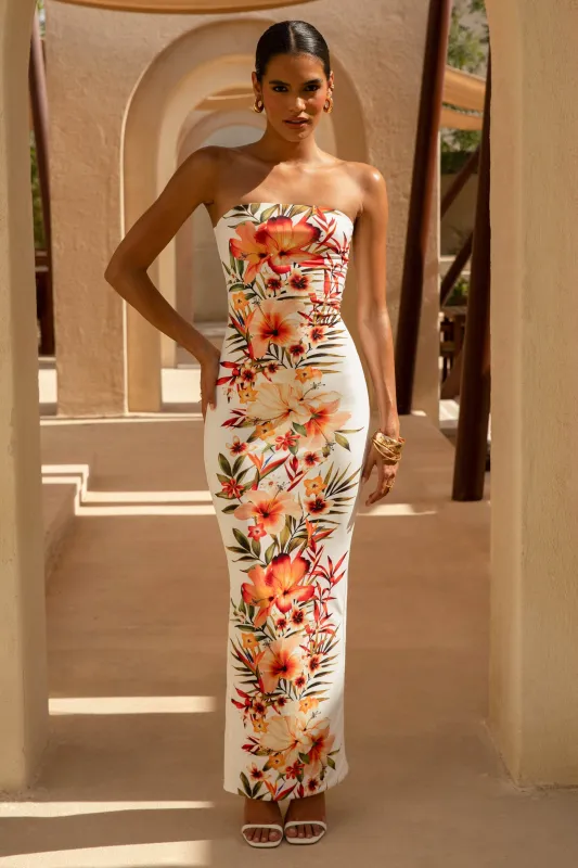 Coral Cove | White Floral Print Bandeau Maxi Dress sold by Club L London