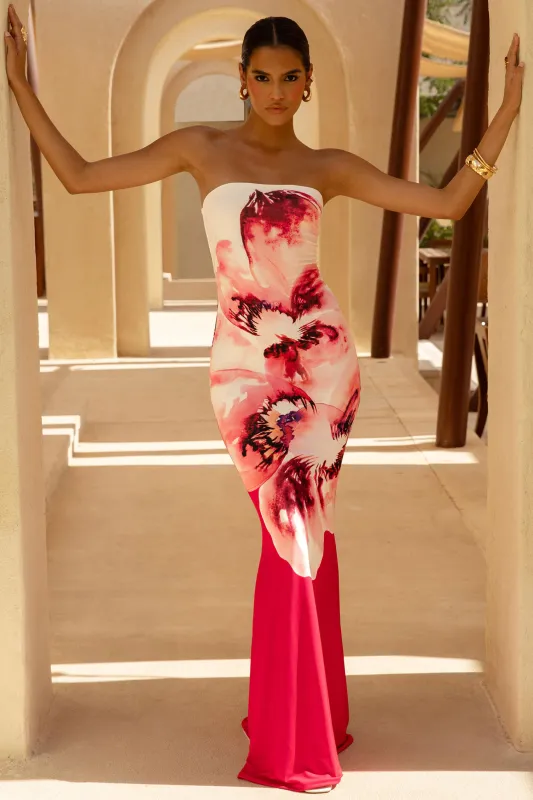Ceremony | Large Pink Floral Print Bandeau Fishtail Maxi Dress sold by Club L London