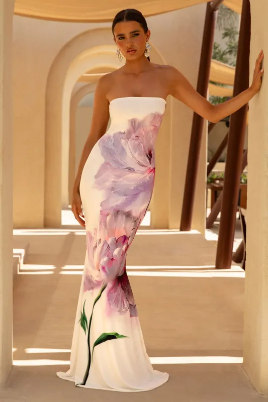Ceremony | Pink Floral Print Bandeau Fishtail Maxi Dress sold by Club L London