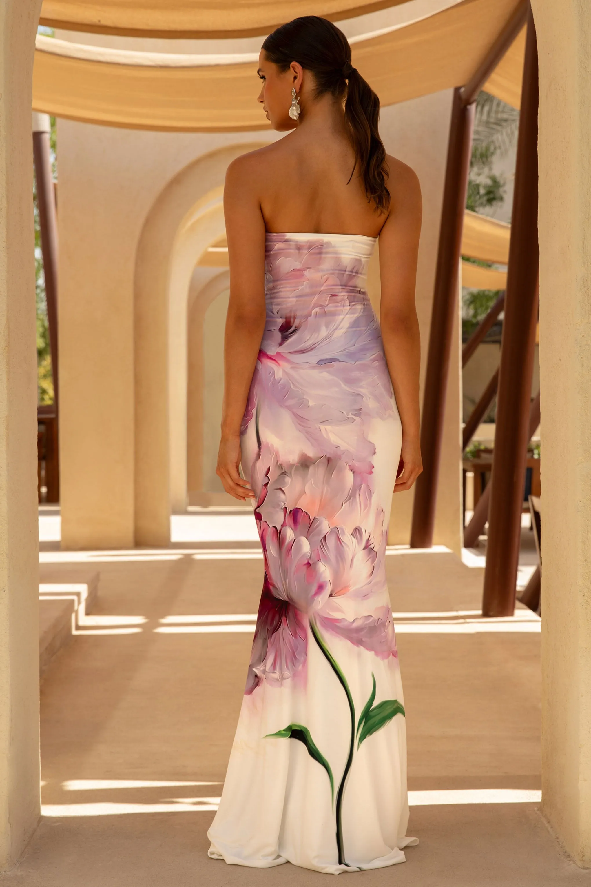 Ceremony | Pink Floral Print Bandeau Fishtail Maxi Dress sold by Club L London product image thumbnail 2