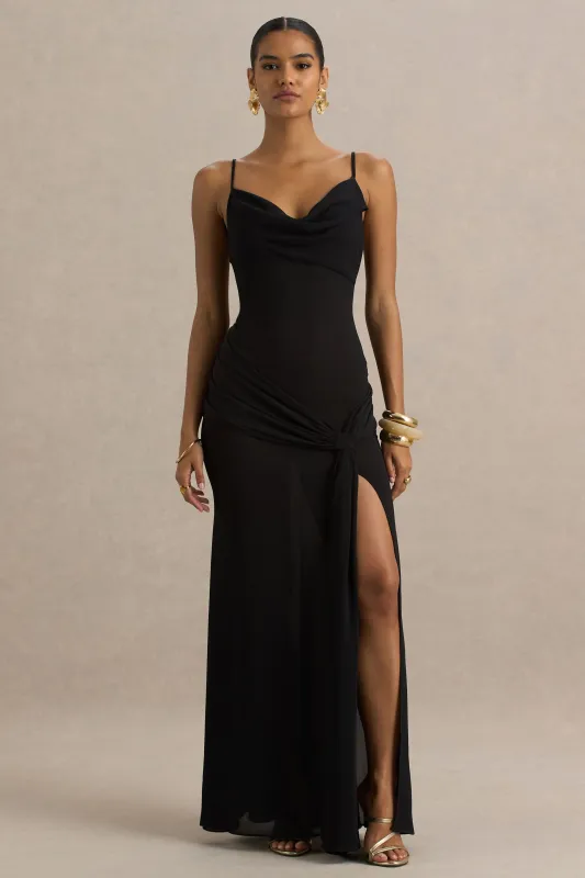 Virtue | Black Cowl-Neck Fishtail Maxi Dress With Split sold by Club L London