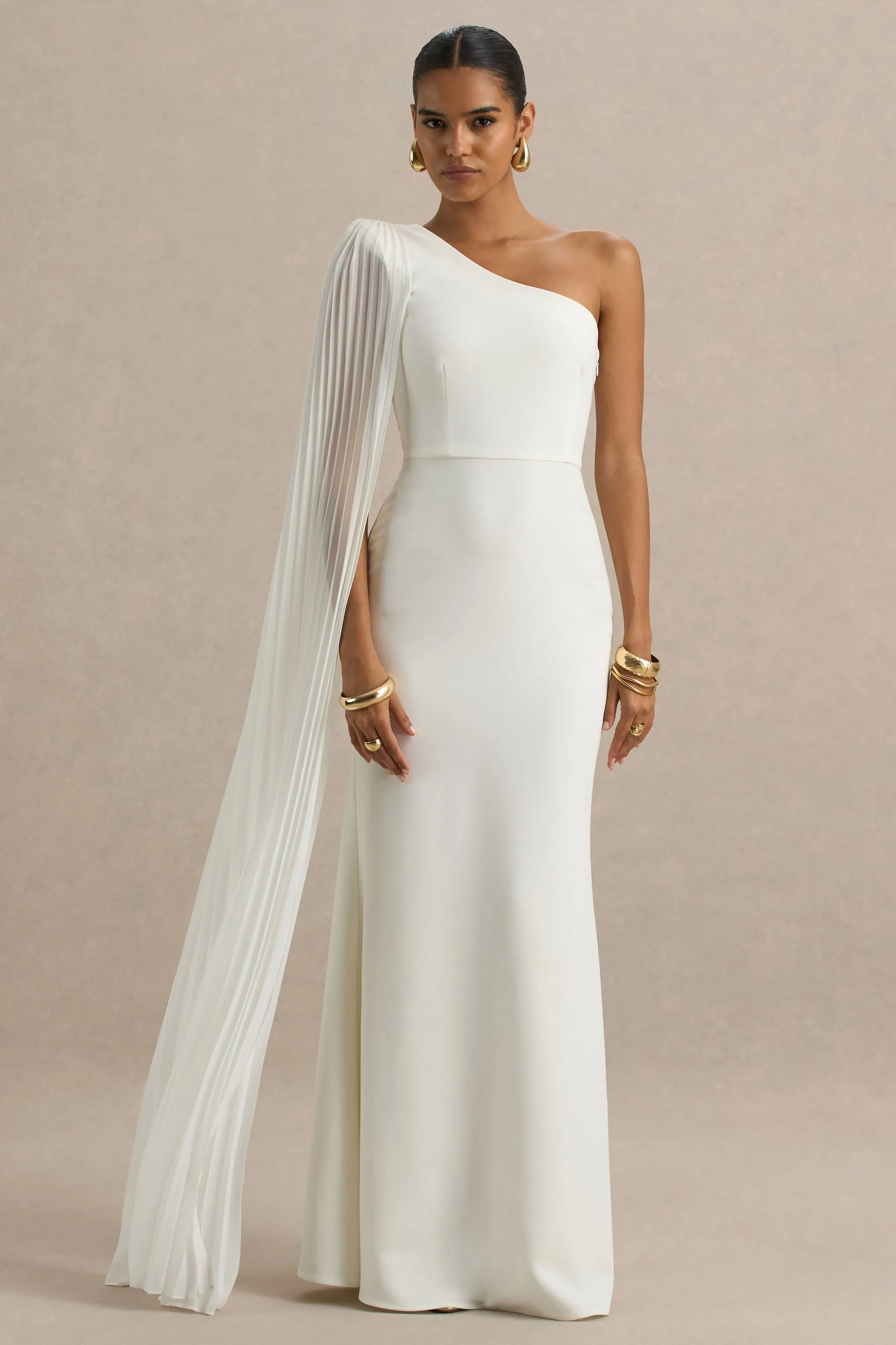 Athens | White Asymmetric-Neck Maxi Dress With Cape Sleeve Detail sold by Club L London product image thumbnail 5