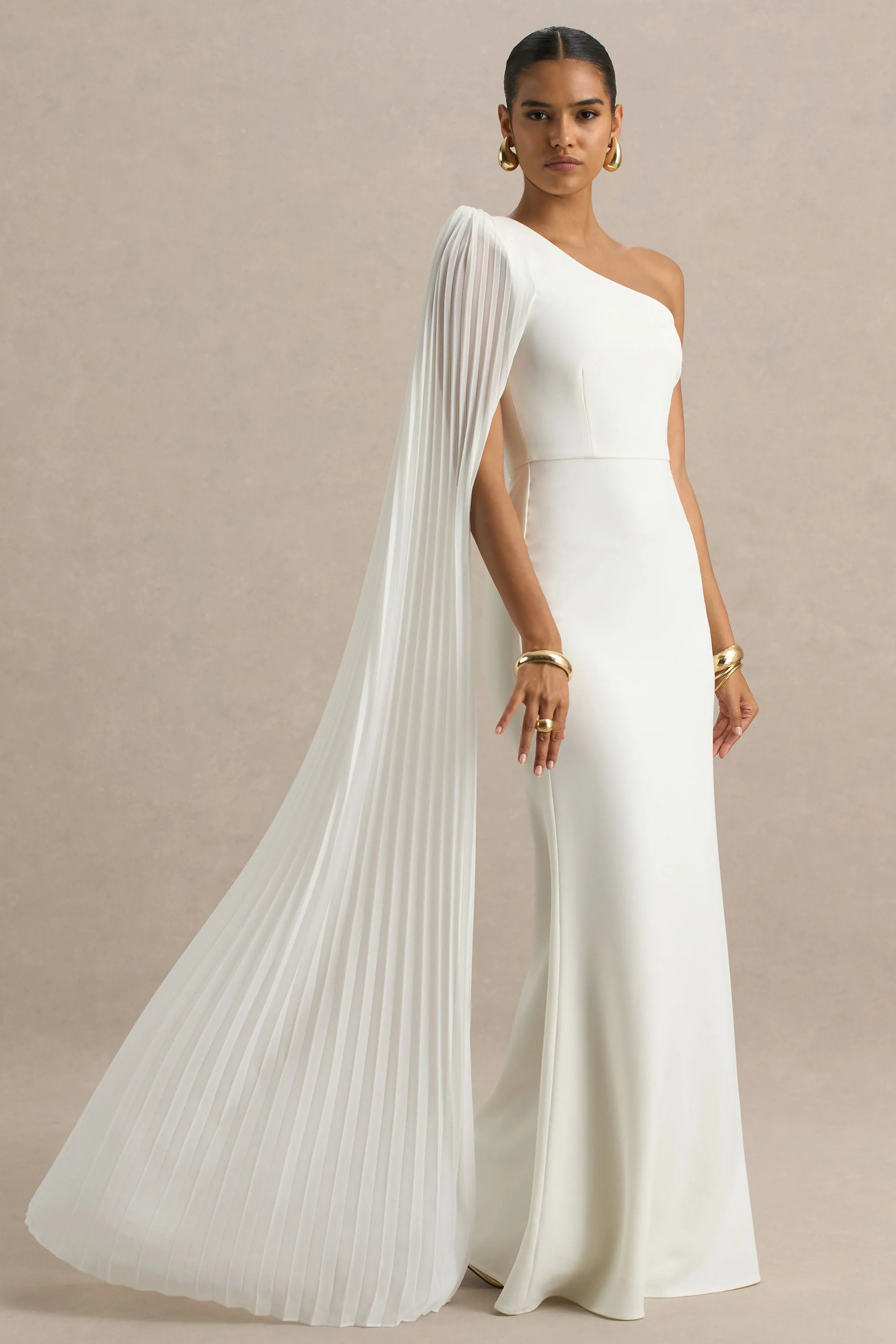 Athens | White Asymmetric-Neck Maxi Dress With Cape Sleeve Detail sold by Club L London product image thumbnail 3