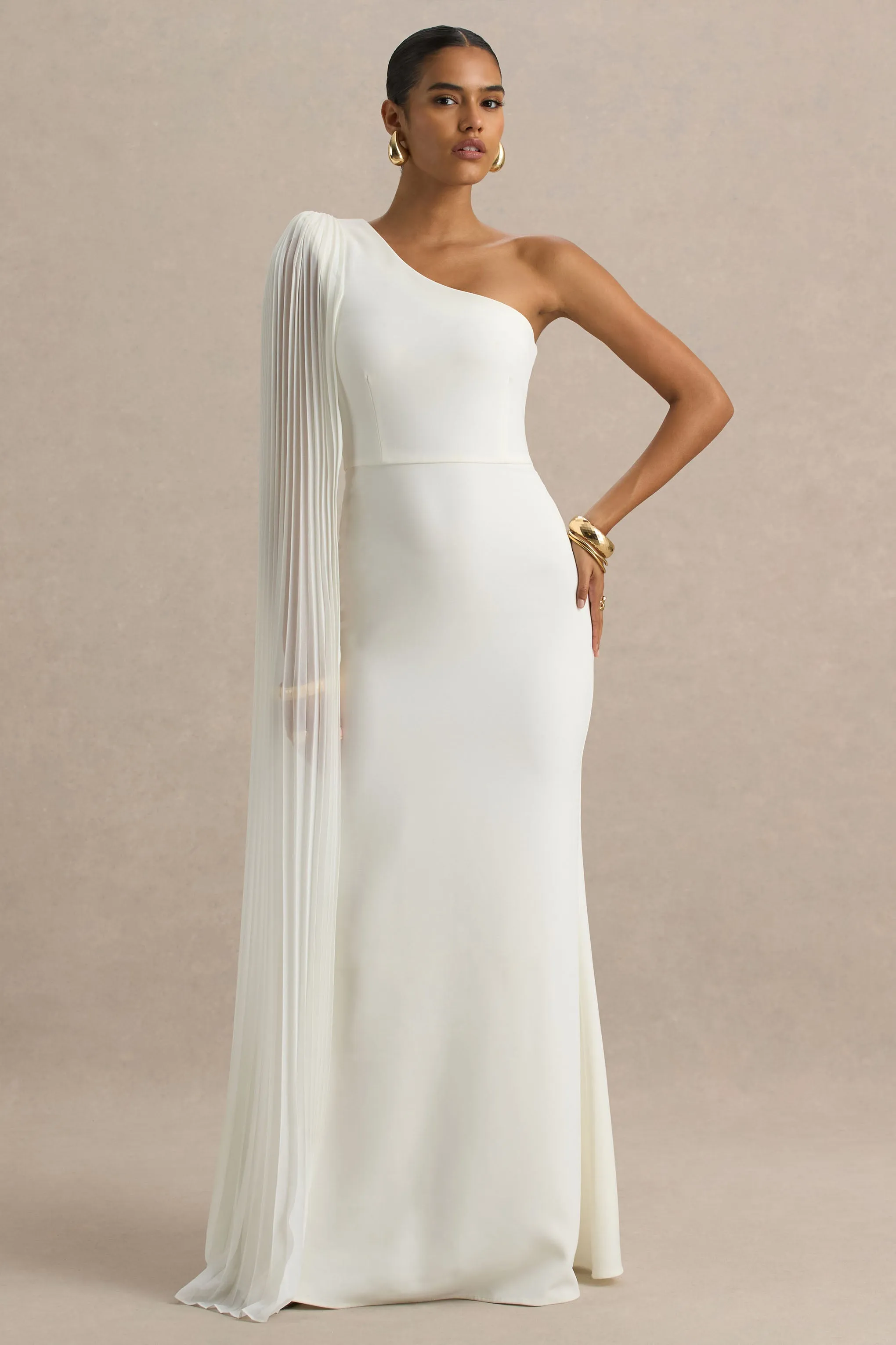 Athens | White Asymmetric-Neck Maxi Dress With Cape Sleeve Detail sold by Club L London