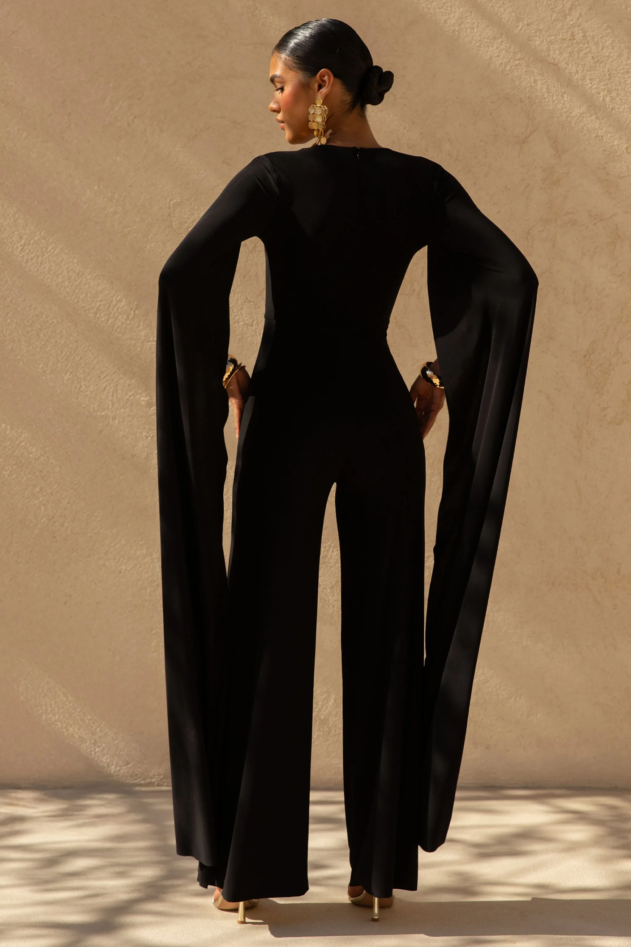 Zara | Black Square-Neck Jumpsuit With Cape Sleeves sold by Club L London product image thumbnail 2