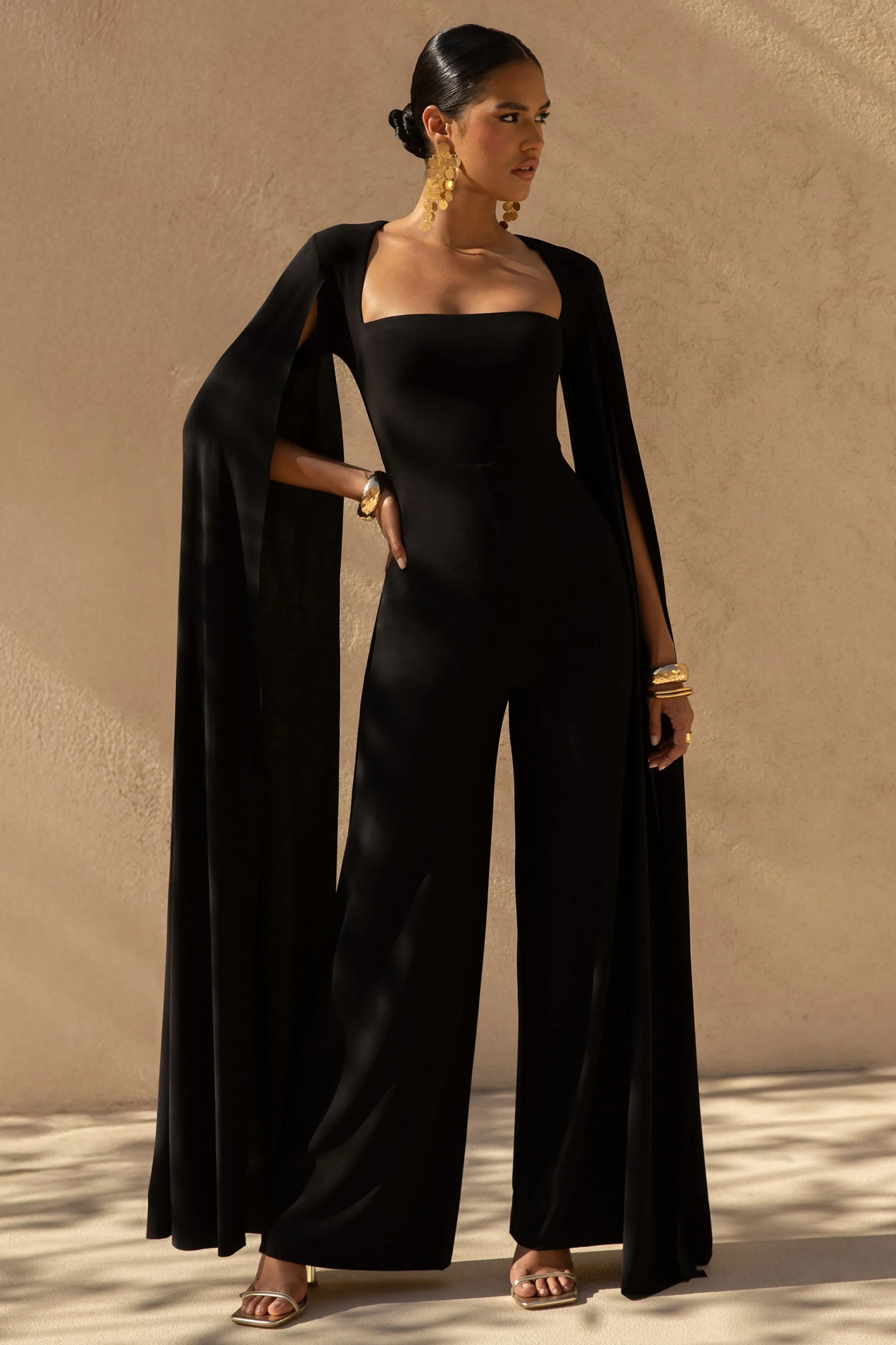 Zara | Black Square-Neck Jumpsuit With Cape Sleeves sold by Club L London product image thumbnail 4