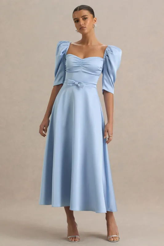 Rosey | Powder Blue Satin Sweetheart Midi Dress sold by Club L London