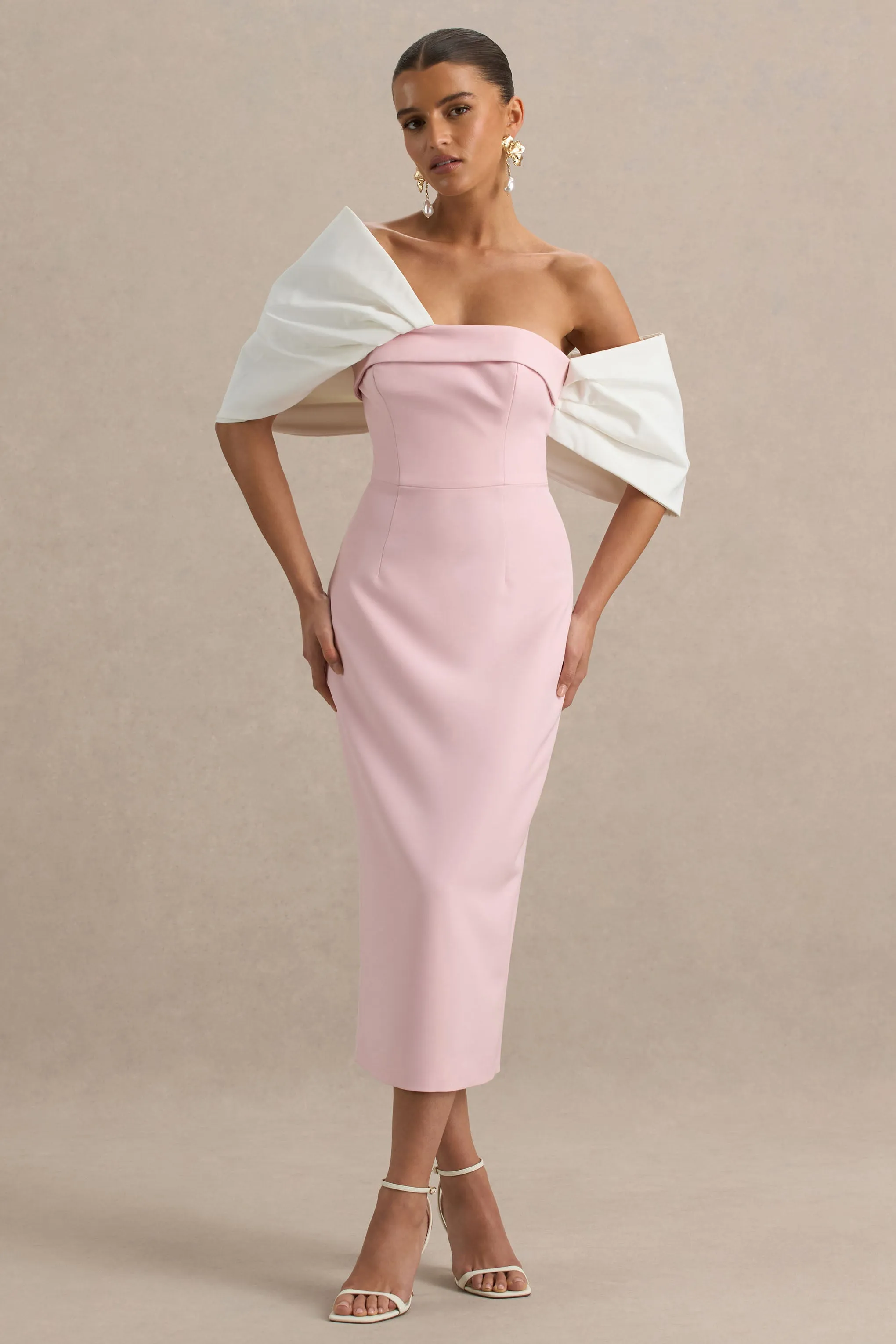 Lucille | Rose Pink & White Asymmetric Bardot Midi Dress sold by Club L London product image thumbnail 5
