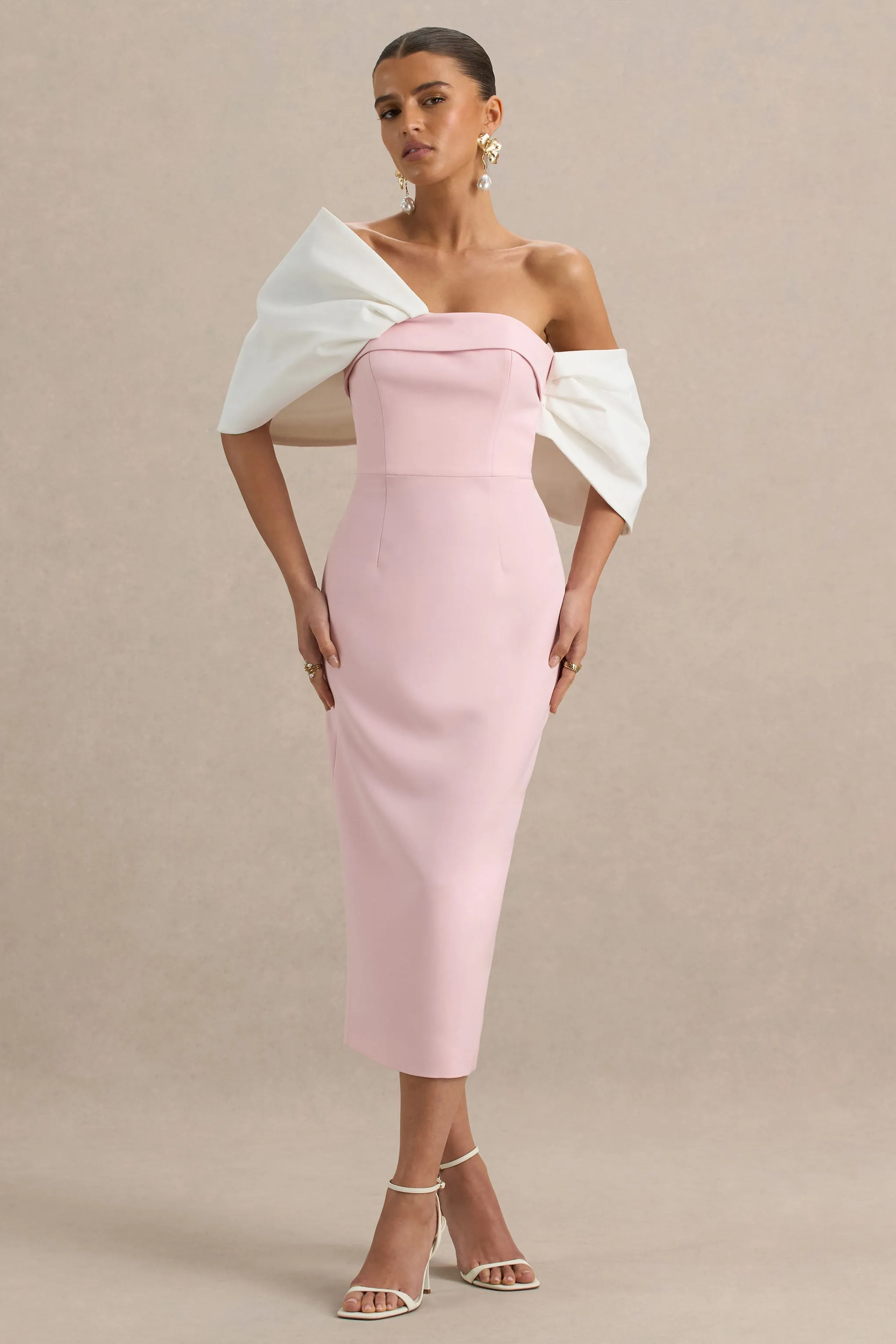 Lucille | Rose Pink & White Asymmetric Bardot Midi Dress sold by Club L London product image thumbnail 2