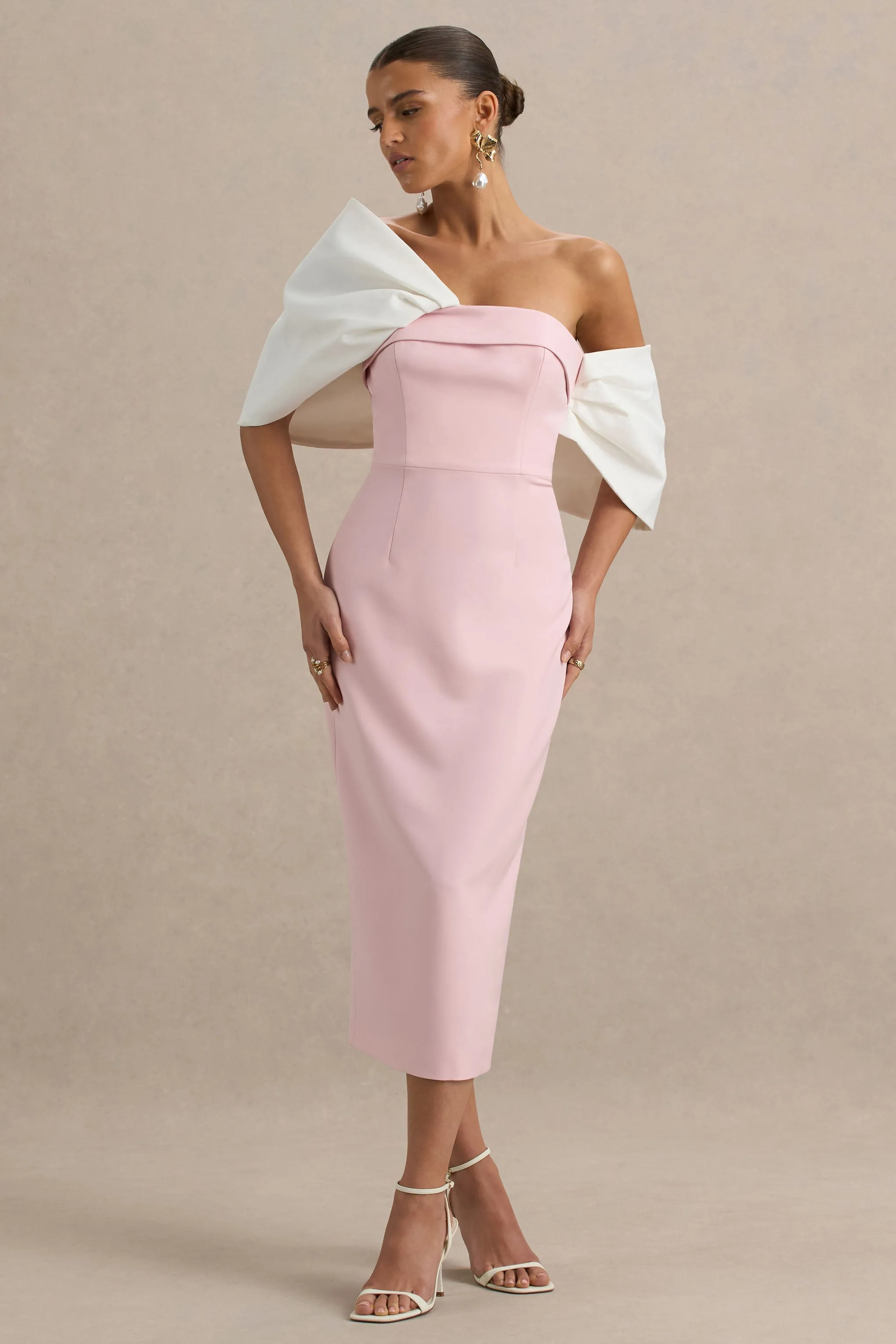 Lucille | Rose Pink & White Asymmetric Bardot Midi Dress sold by Club L London product image thumbnail 3
