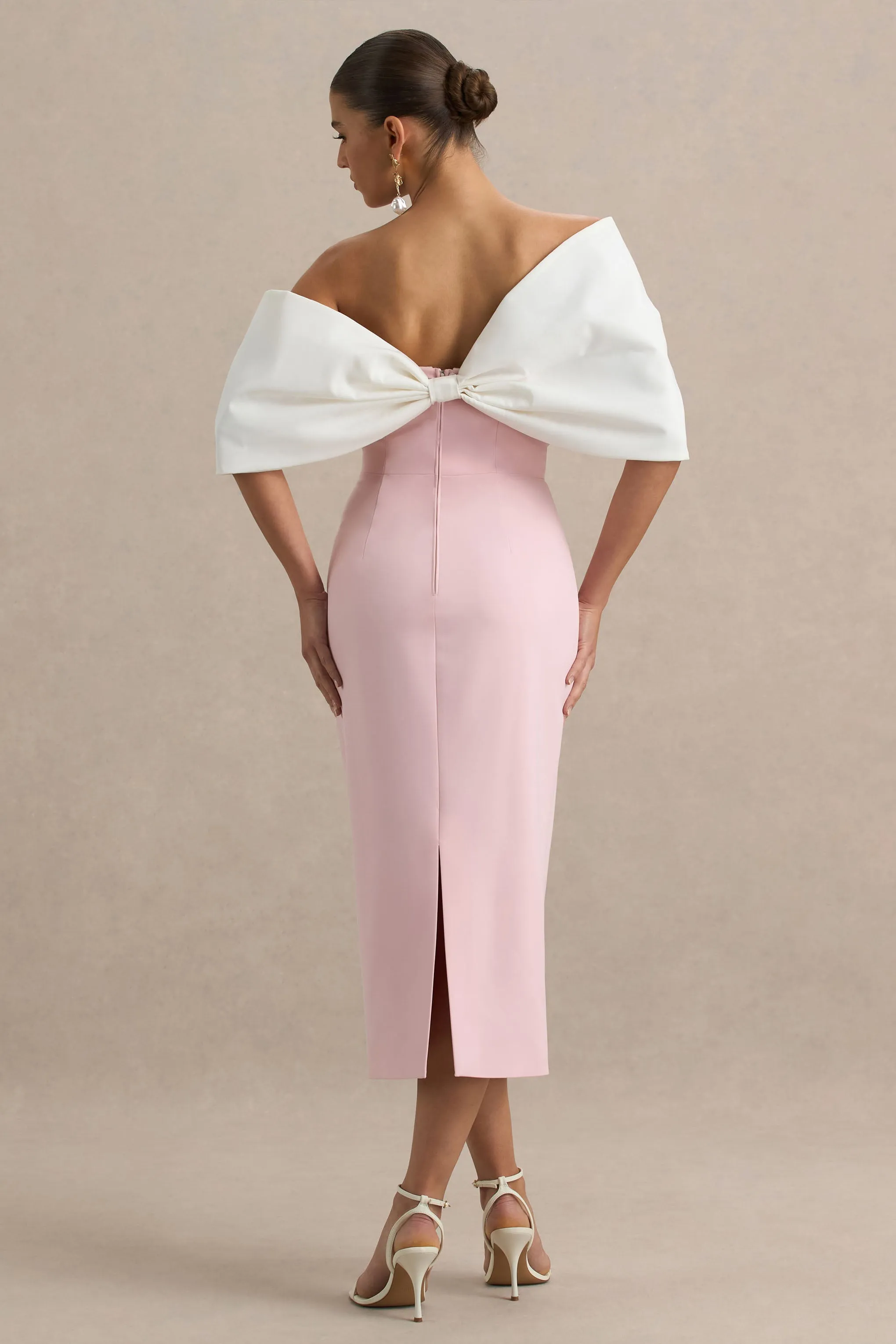 Lucille | Rose Pink & White Asymmetric Bardot Midi Dress sold by Club L London