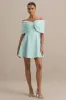 Faria | Powder Blue Short-Sleeve Bardot Mini Dress With Bow Detail sold by Club L London