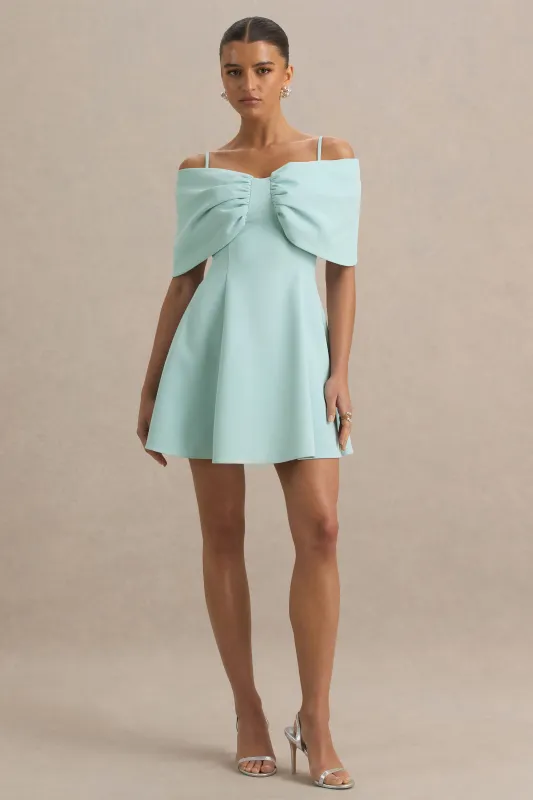 Faria | Powder Blue Short-Sleeve Bardot Mini Dress With Bow Detail sold by Club L London