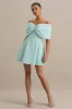 Faria | Powder Blue Short-Sleeve Bardot Mini Dress With Bow Detail sold by Club L London
