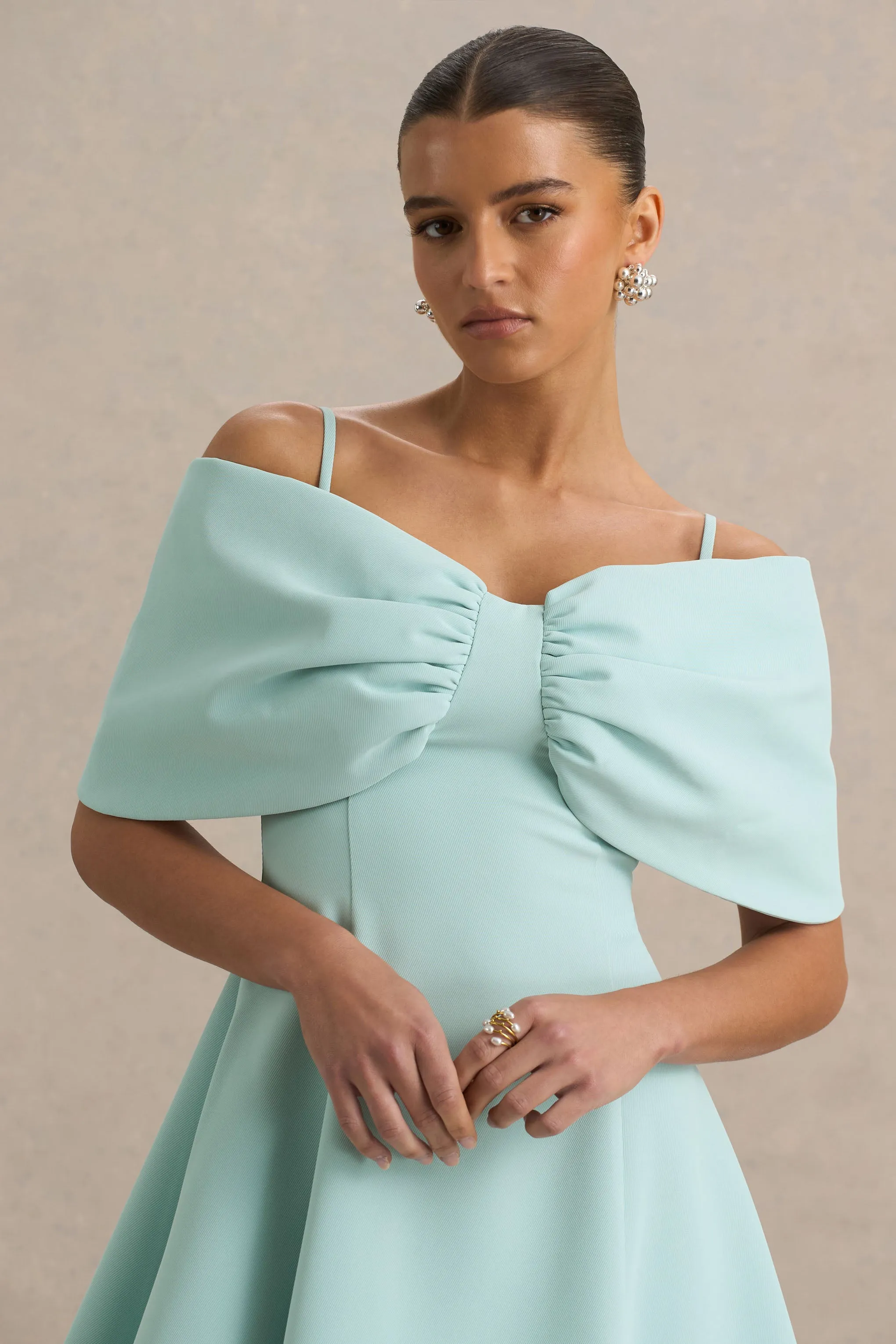 Faria | Powder Blue Short-Sleeve Bardot Mini Dress With Bow Detail sold by Club L London product image thumbnail 5