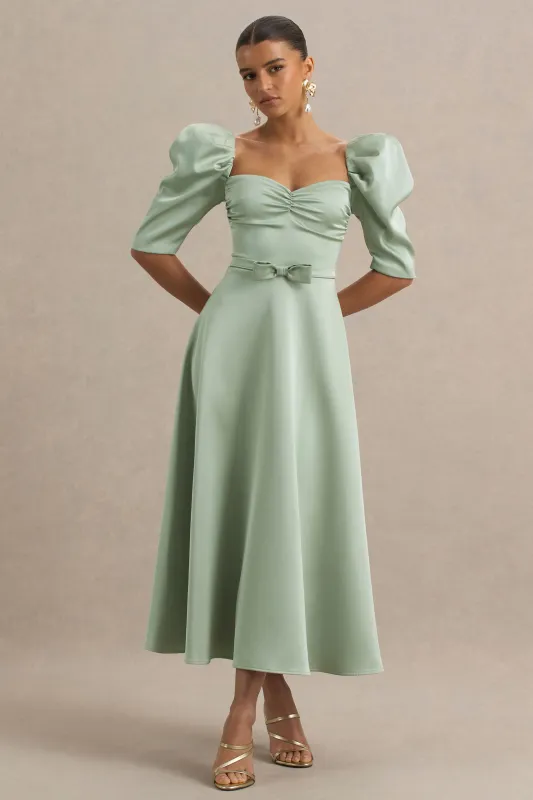 Rosey | Green Satin Sweetheart Midi Dress sold by Club L London