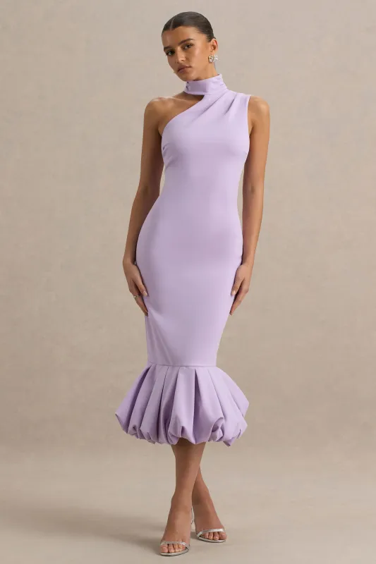 Sabine | Lilac One-Shoulder Ruffle-Trim Midi Dress sold by Club L London