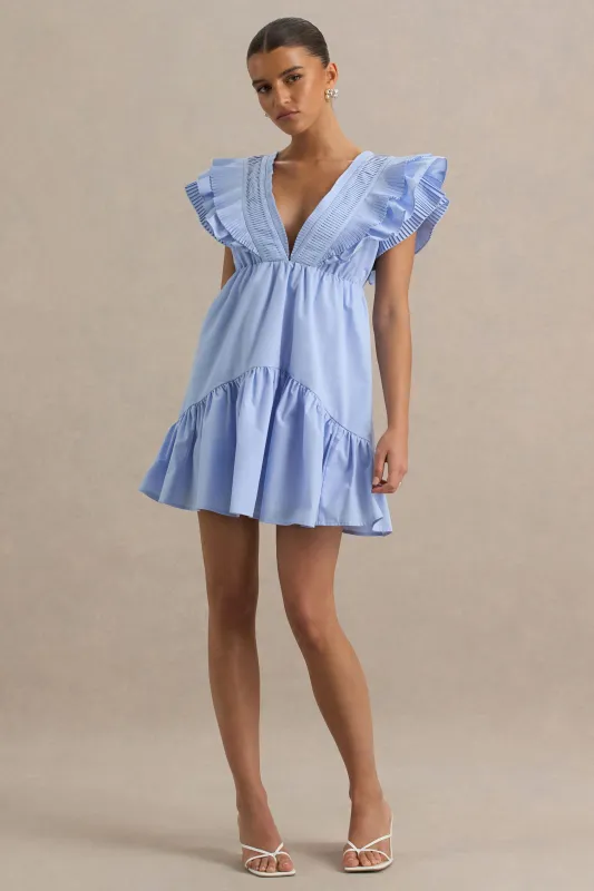 Judie | Blue Poplin V-Neck Ruffled Mini Dress sold by Club L London