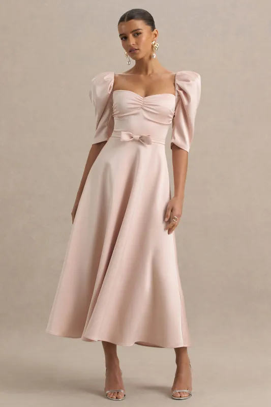 Rosey | Pale Pink Satin Sweetheart Midi Dress sold by Club L London