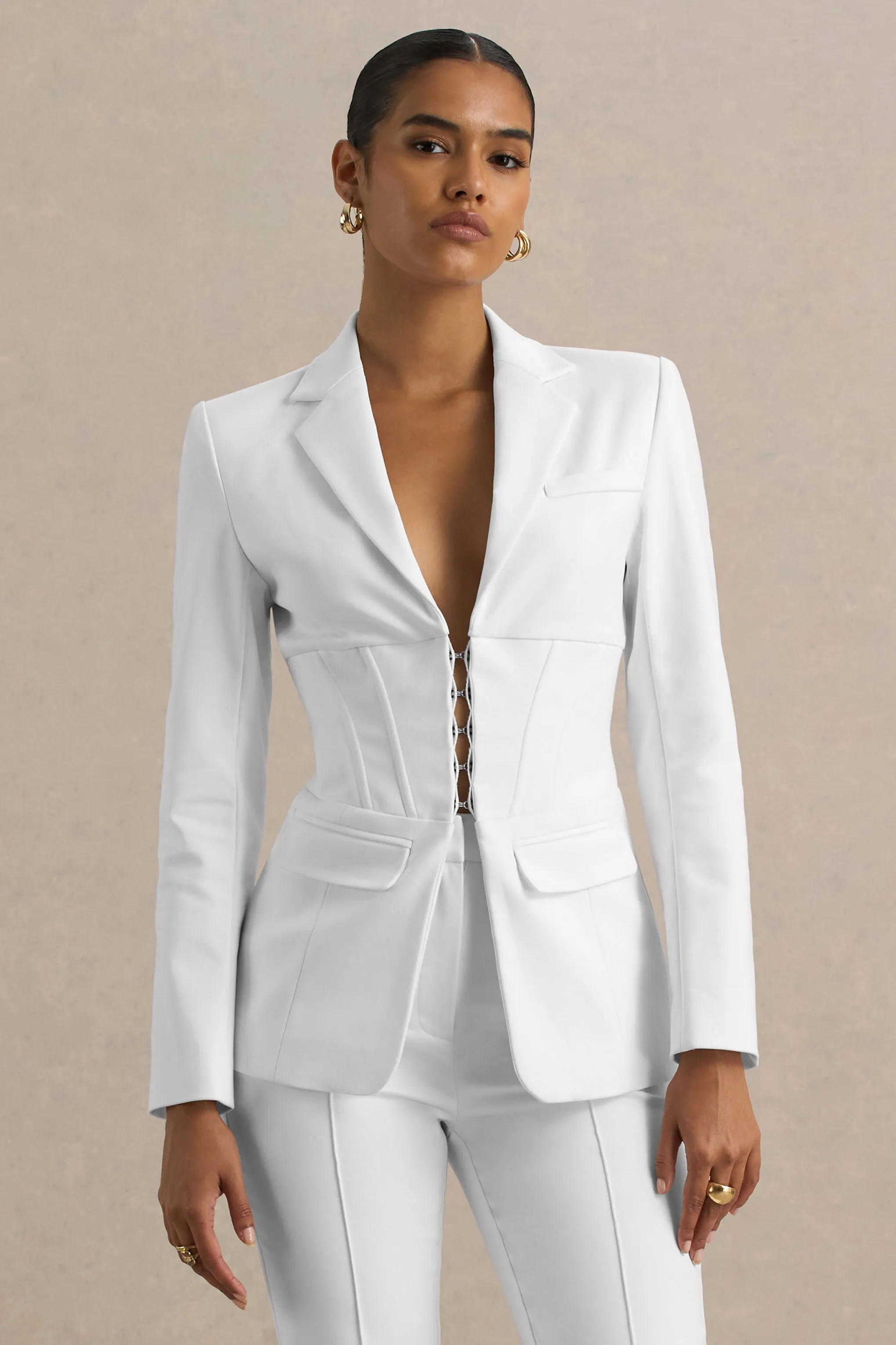 Unbeaten | White Fitted Corset Blazer Jacket sold by Club L London