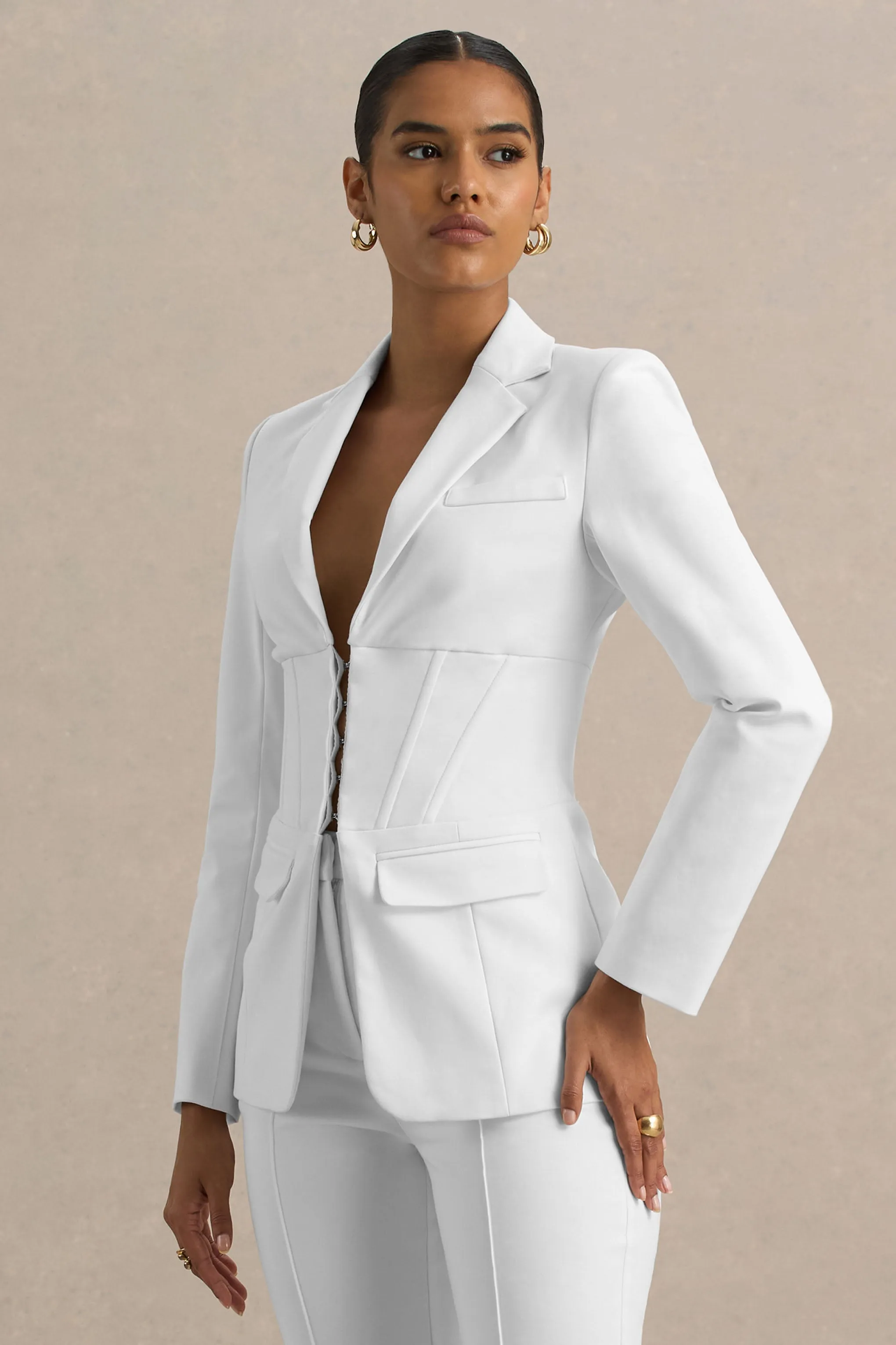 Unbeaten | White Fitted Corset Blazer Jacket sold by Club L London product image thumbnail 3