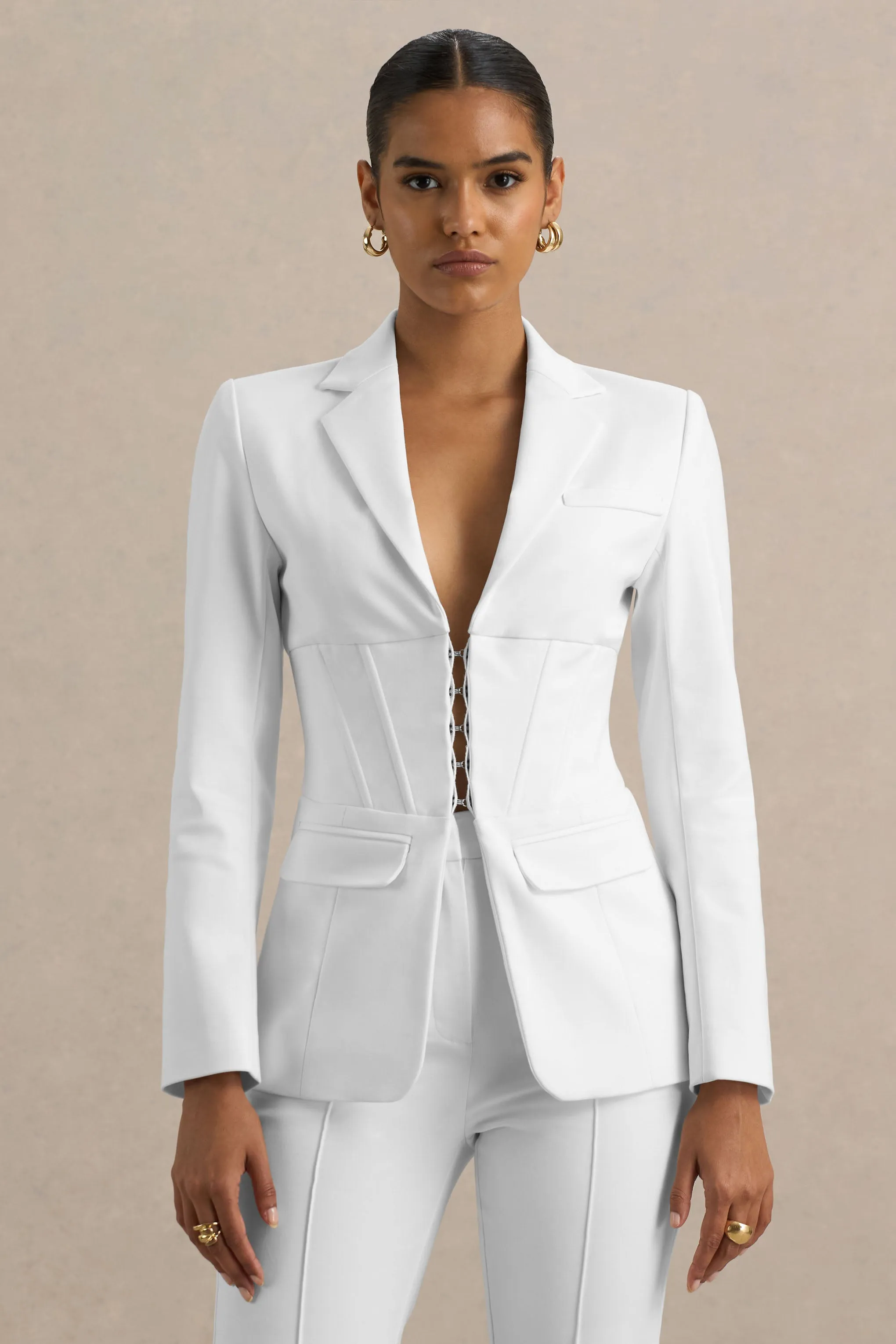 Unbeaten | White Fitted Corset Blazer Jacket sold by Club L London product image thumbnail 4