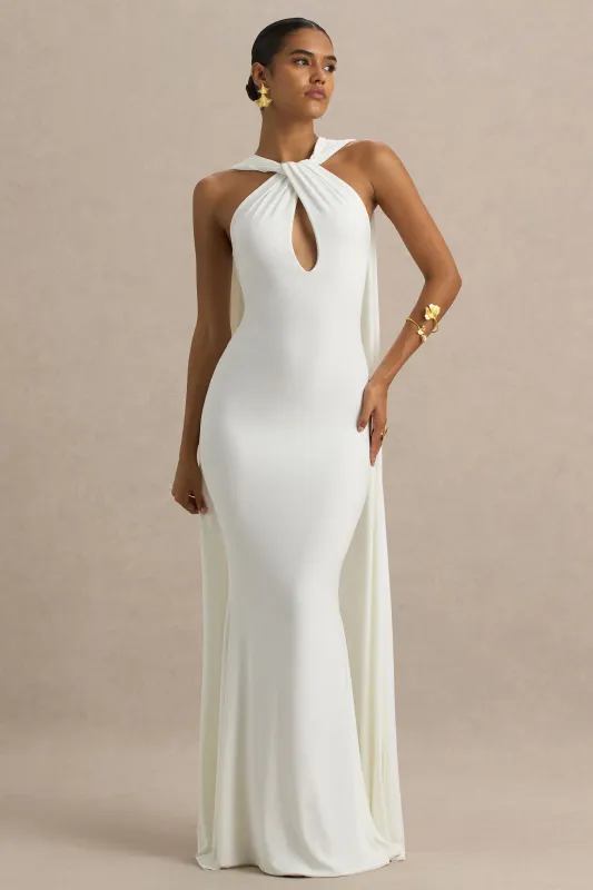 Rhoda | White Twist Halter-Neck Cape Maxi Dress sold by Club L London