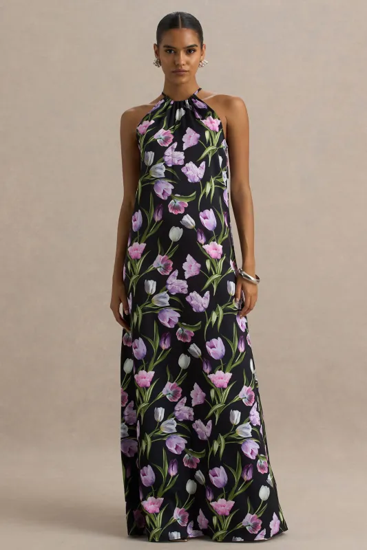 Svana | Black Satin Floral Asymmetric Halter-Neck Maxi Dress made by Club L London