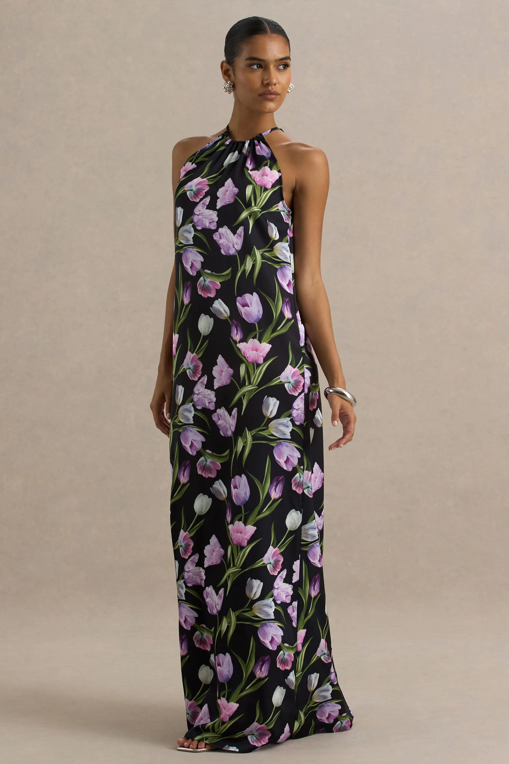 Svana | Black Satin Floral Asymmetric Halter-Neck Maxi Dress sold by Club L London product image thumbnail 3