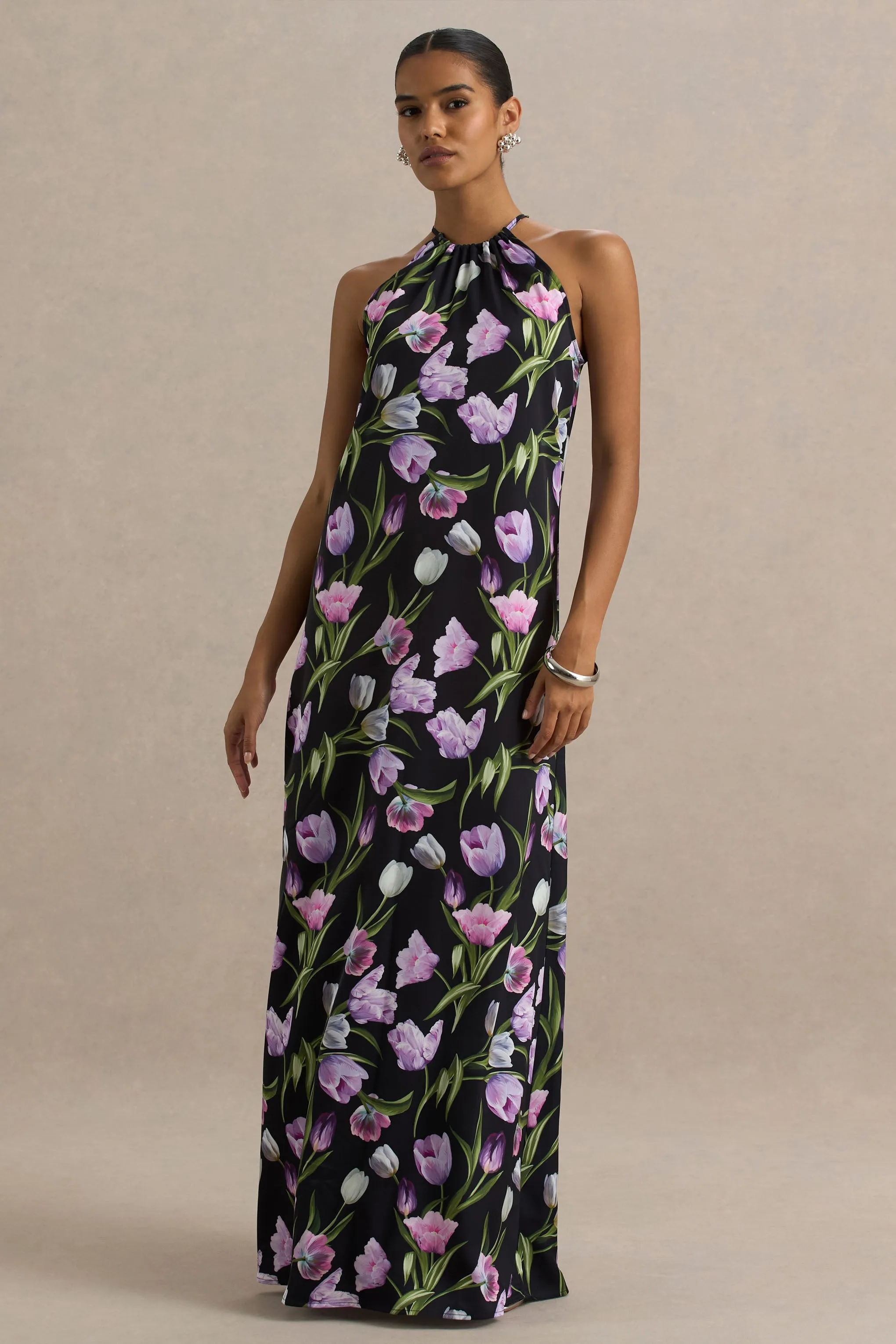 Svana | Black Satin Floral Asymmetric Halter-Neck Maxi Dress sold by Club L London product image thumbnail 5