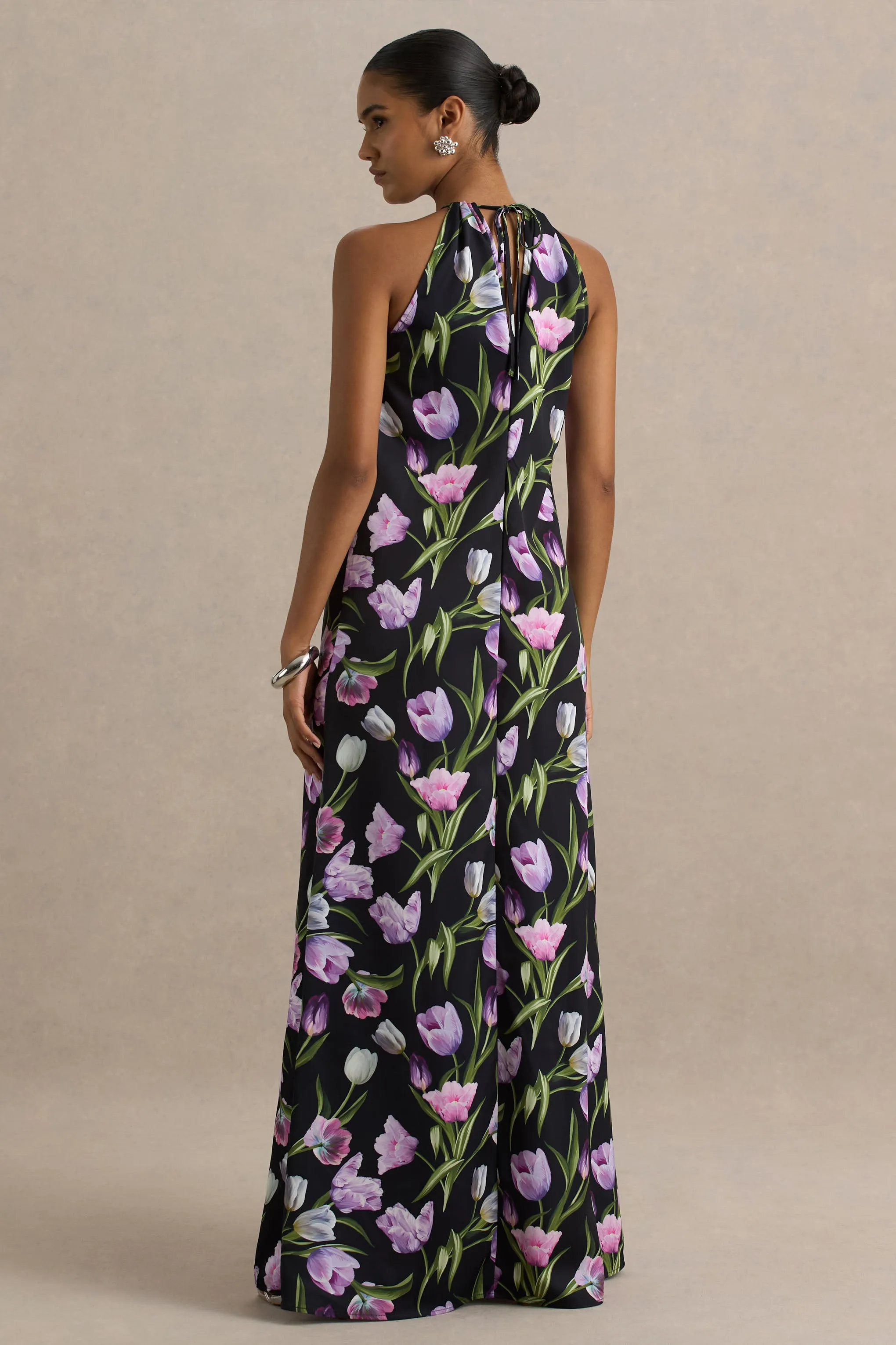 Svana | Black Satin Floral Asymmetric Halter-Neck Maxi Dress sold by Club L London product image thumbnail 2