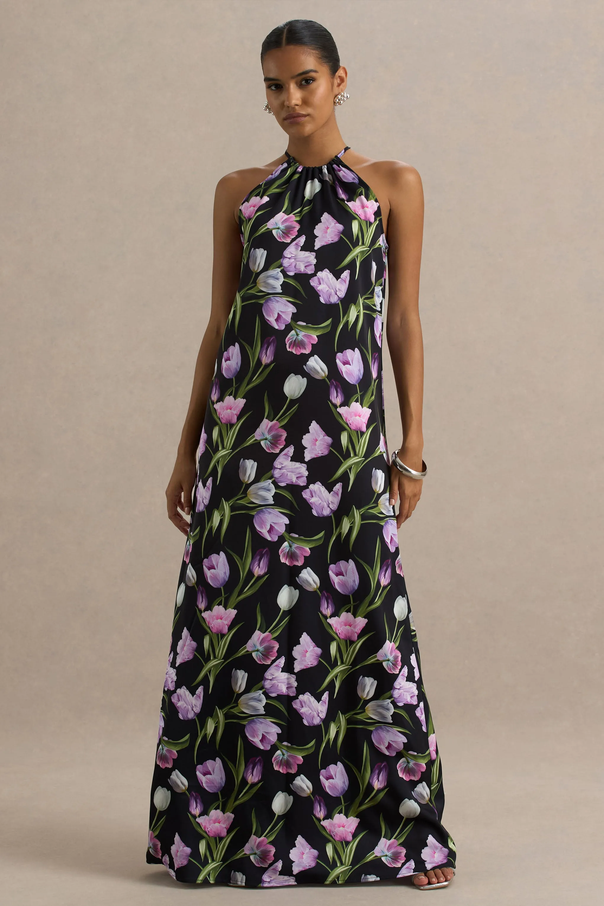 Svana | Black Satin Floral Asymmetric Halter-Neck Maxi Dress sold by Club L London product image thumbnail 4