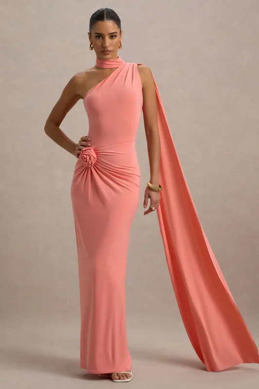 Rita | Coral Asymmetric Wrap Maxi Dress With Scarf sold by Club L London