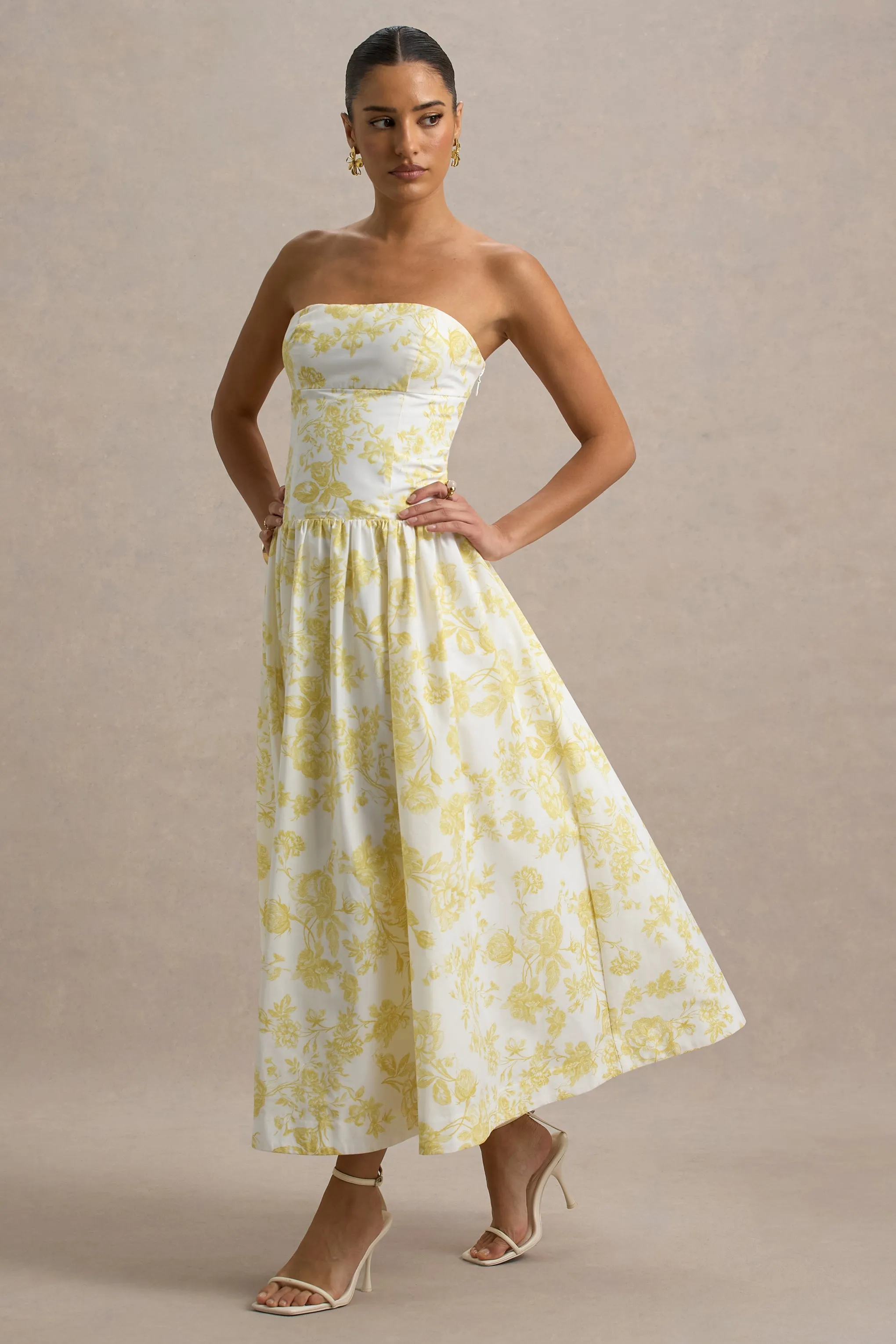 Bluebell | Lemon Porcelain Print Poplin Bandeau Drop-Waist Midi Dress sold by Club L London product image thumbnail 4