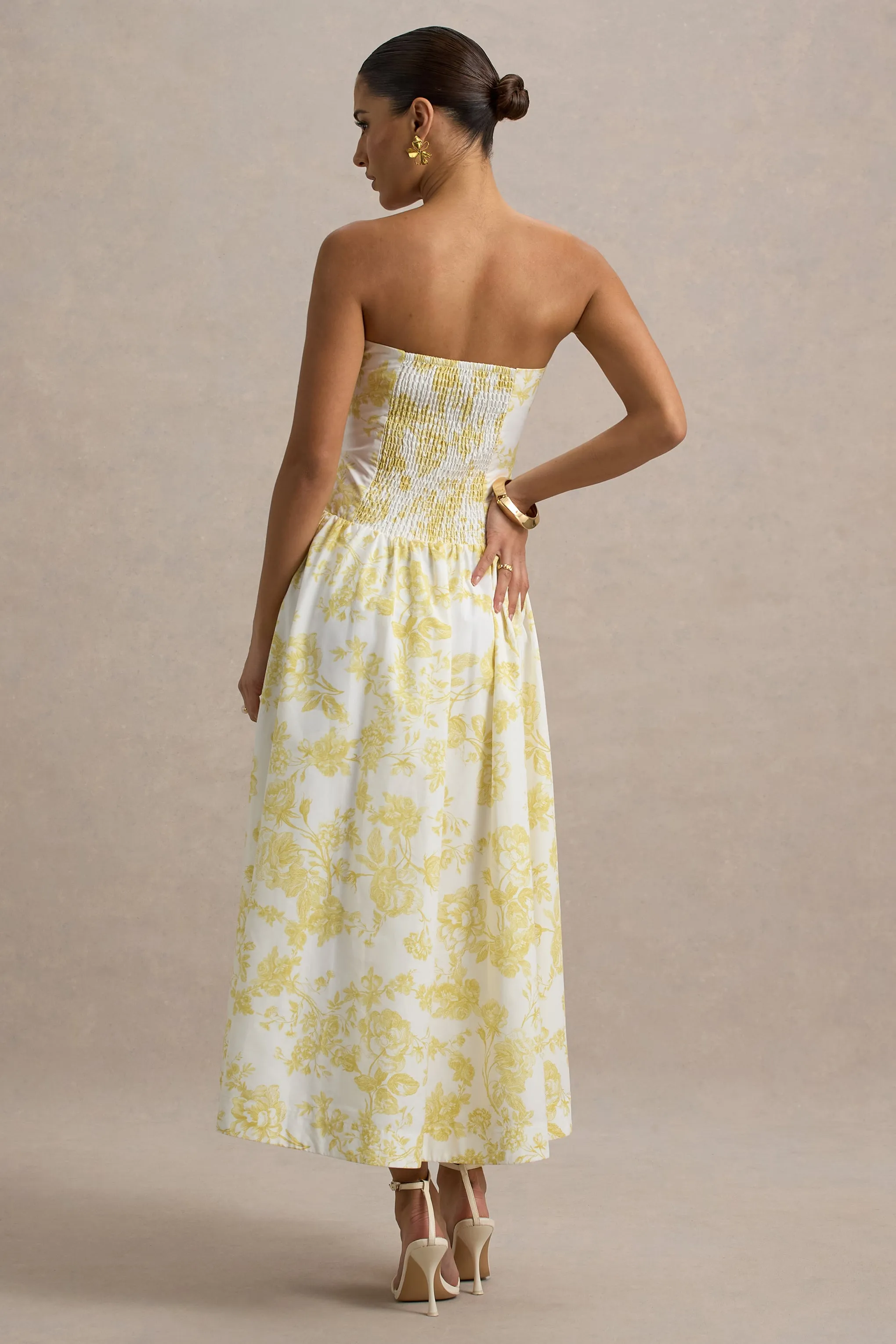 Bluebell | Lemon Porcelain Print Poplin Bandeau Drop-Waist Midi Dress sold by Club L London product image thumbnail 2