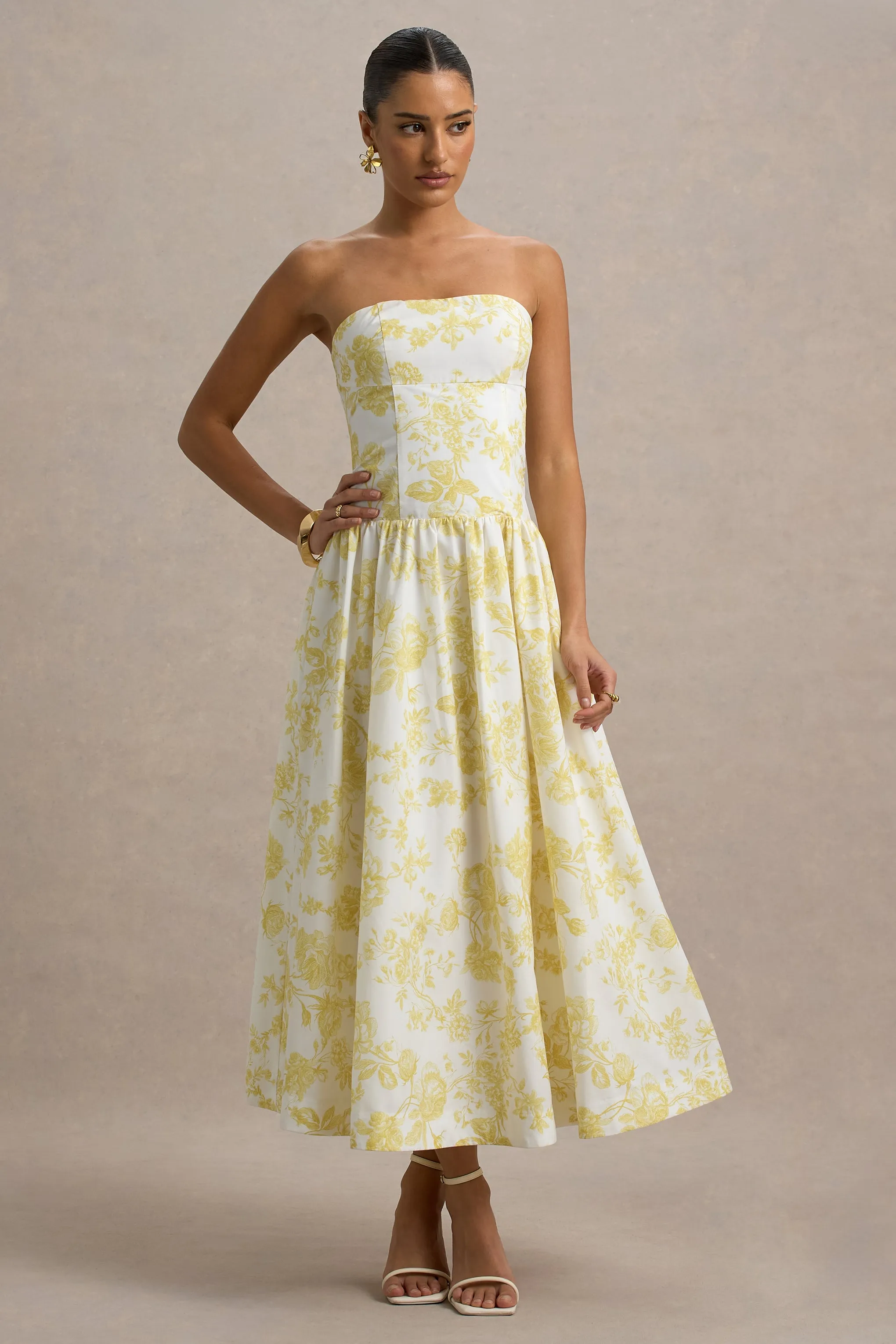 Bluebell | Lemon Porcelain Print Poplin Bandeau Drop-Waist Midi Dress sold by Club L London product image thumbnail 5