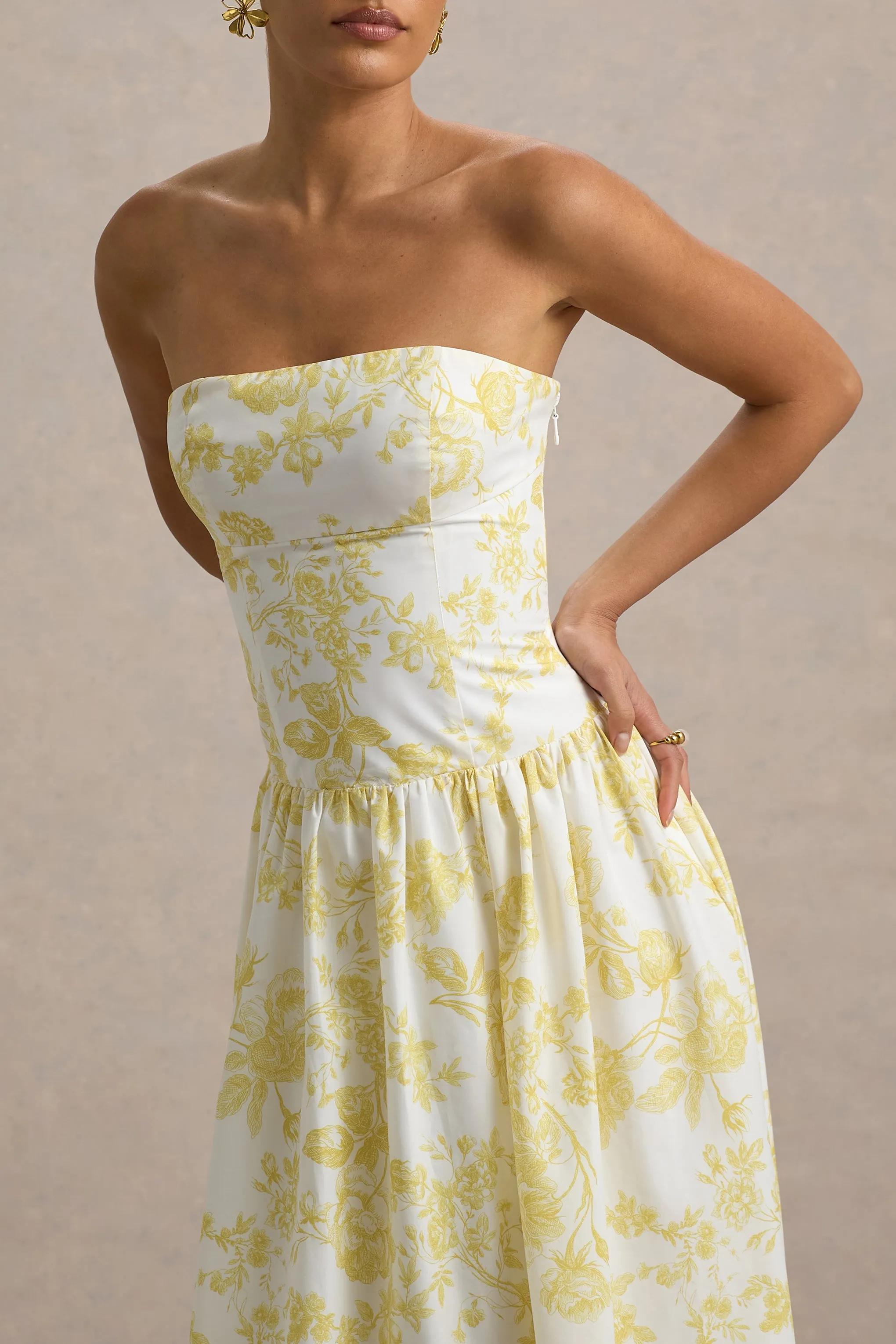 Bluebell | Lemon Porcelain Print Poplin Bandeau Drop-Waist Midi Dress sold by Club L London product image thumbnail 3