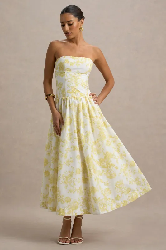 Bluebell | Lemon Porcelain Print Poplin Bandeau Drop-Waist Midi Dress sold by Club L London