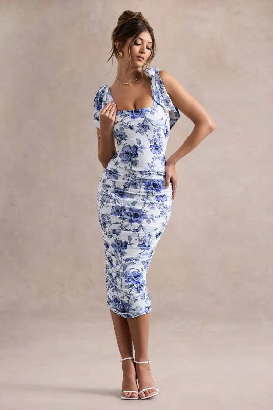 Cordelia | Blue Porcelain Print Bodycon Midi Dress With Bow Straps sold by Club L London