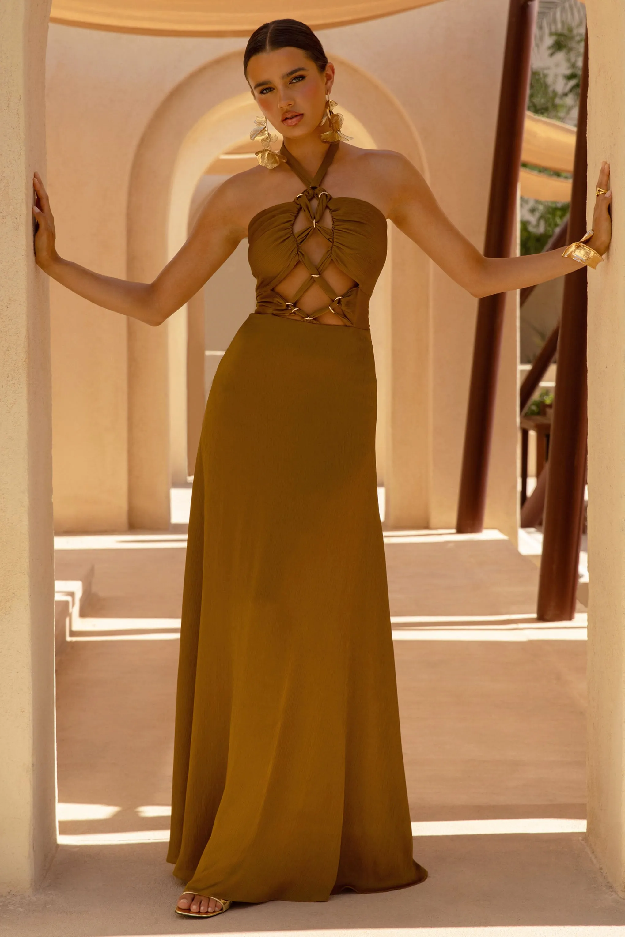 Aleera | Olive Chiffon Halter-Neck Maxi Dress With Cut-Out Detail sold by Club L London