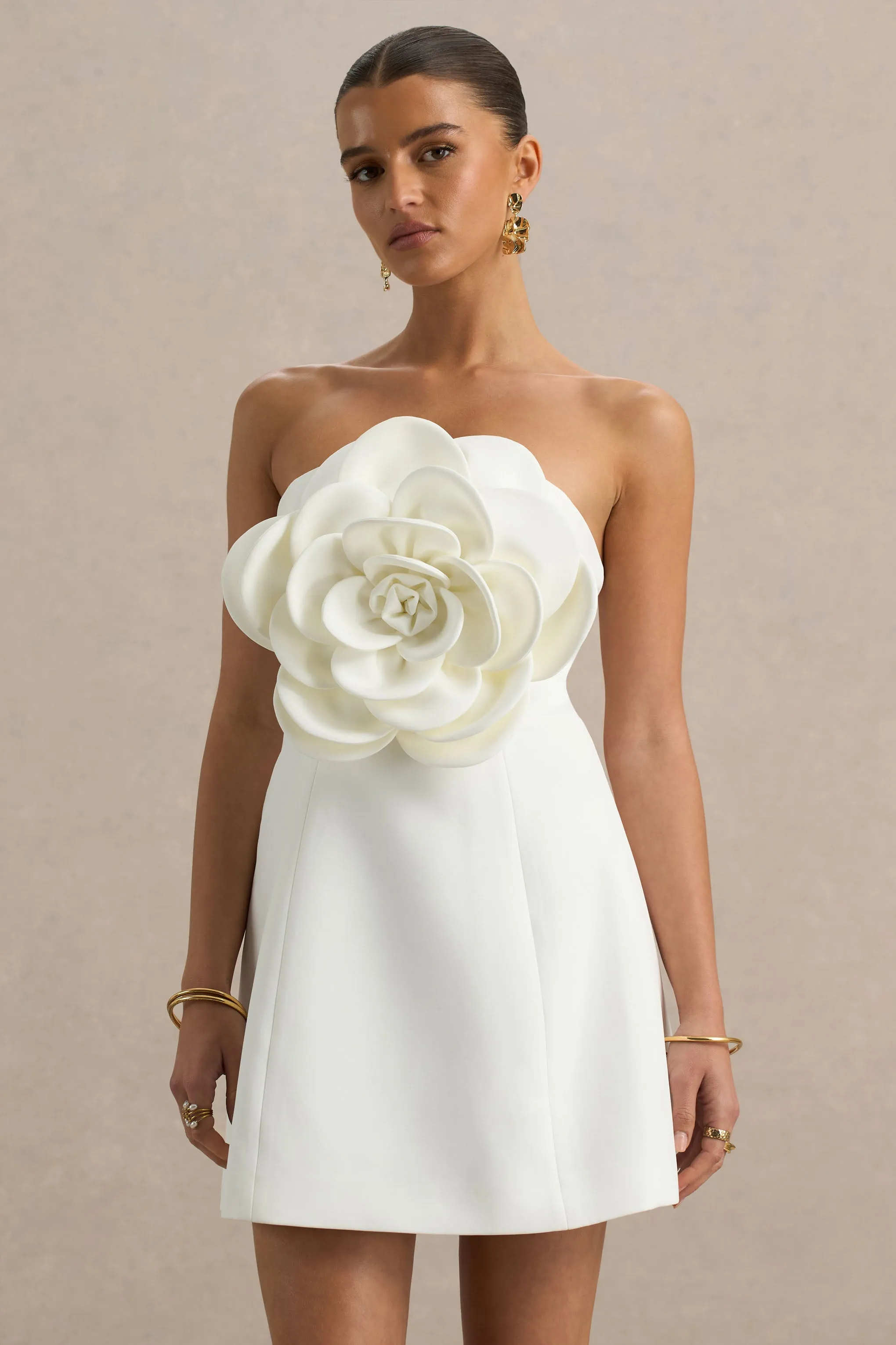 Daffodil | White Bandeau Mini Dress With Large Floral Corsage sold by Club L London product image thumbnail 5