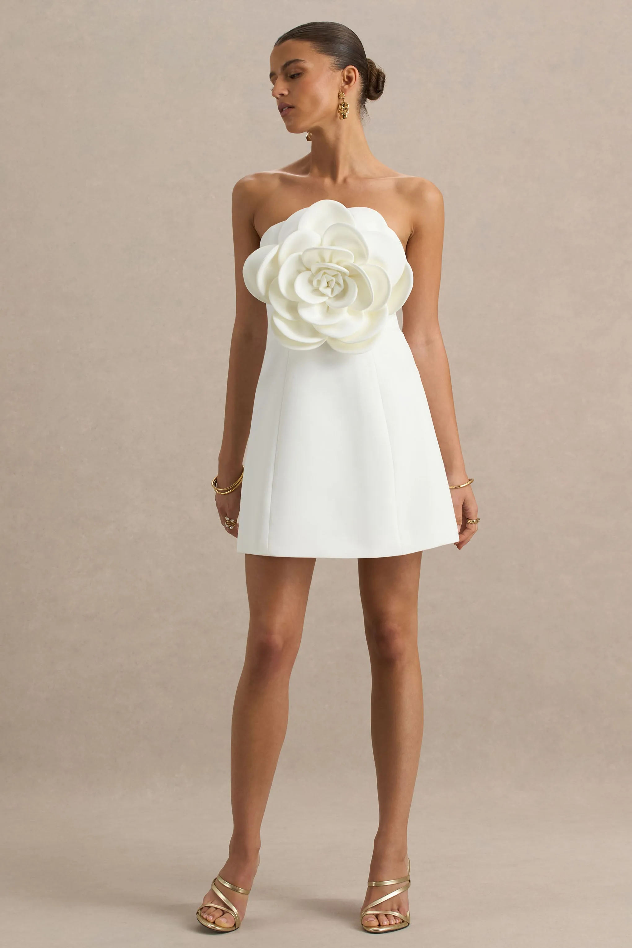 Daffodil | White Bandeau Mini Dress With Large Floral Corsage sold by Club L London product image thumbnail 3