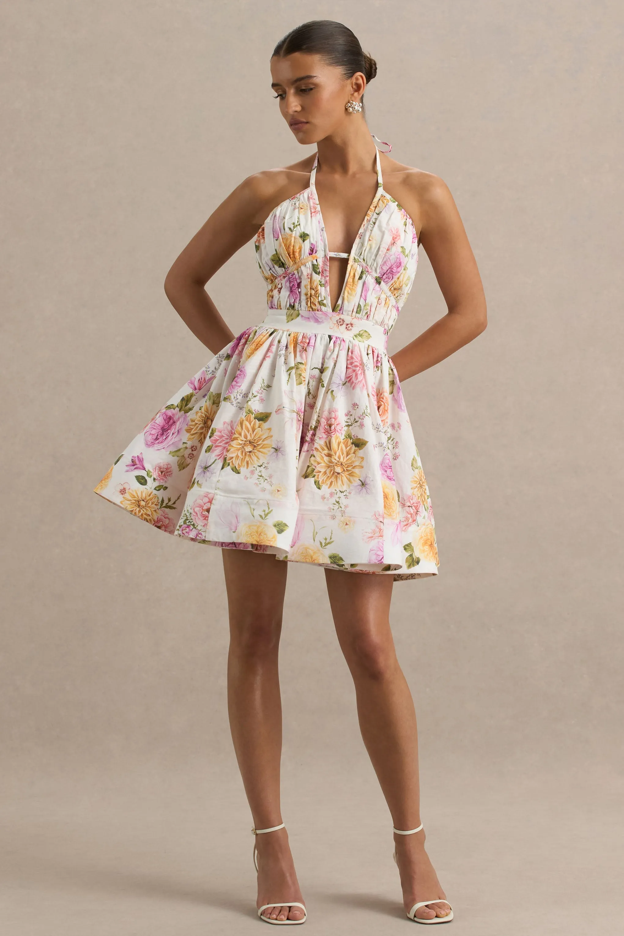 Kasey | Cream Floral Print Halter-Neck Mini Dress With Ruffle Detail sold by Club L London product image thumbnail 3