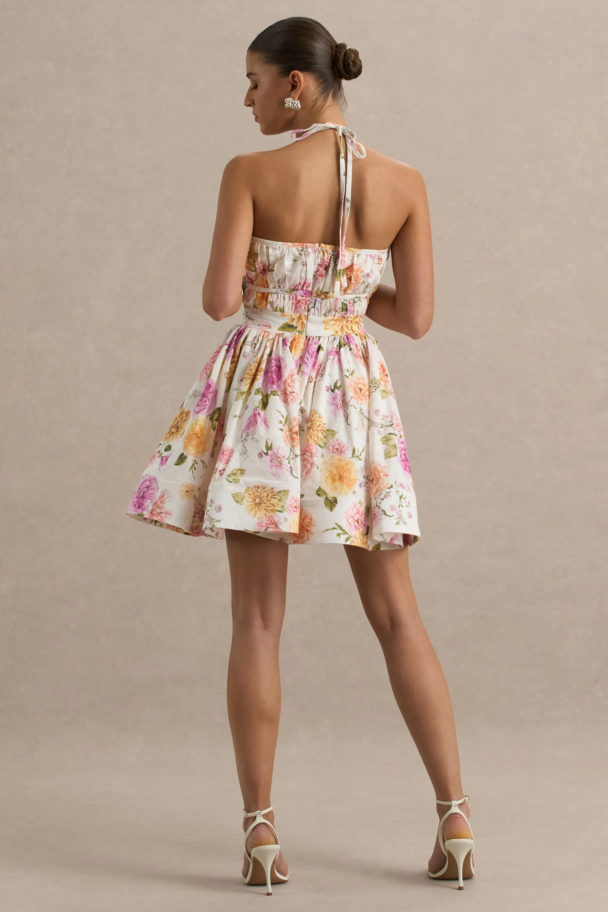 Kasey | Cream Floral Print Halter-Neck Mini Dress With Ruffle Detail sold by Club L London product image thumbnail 2