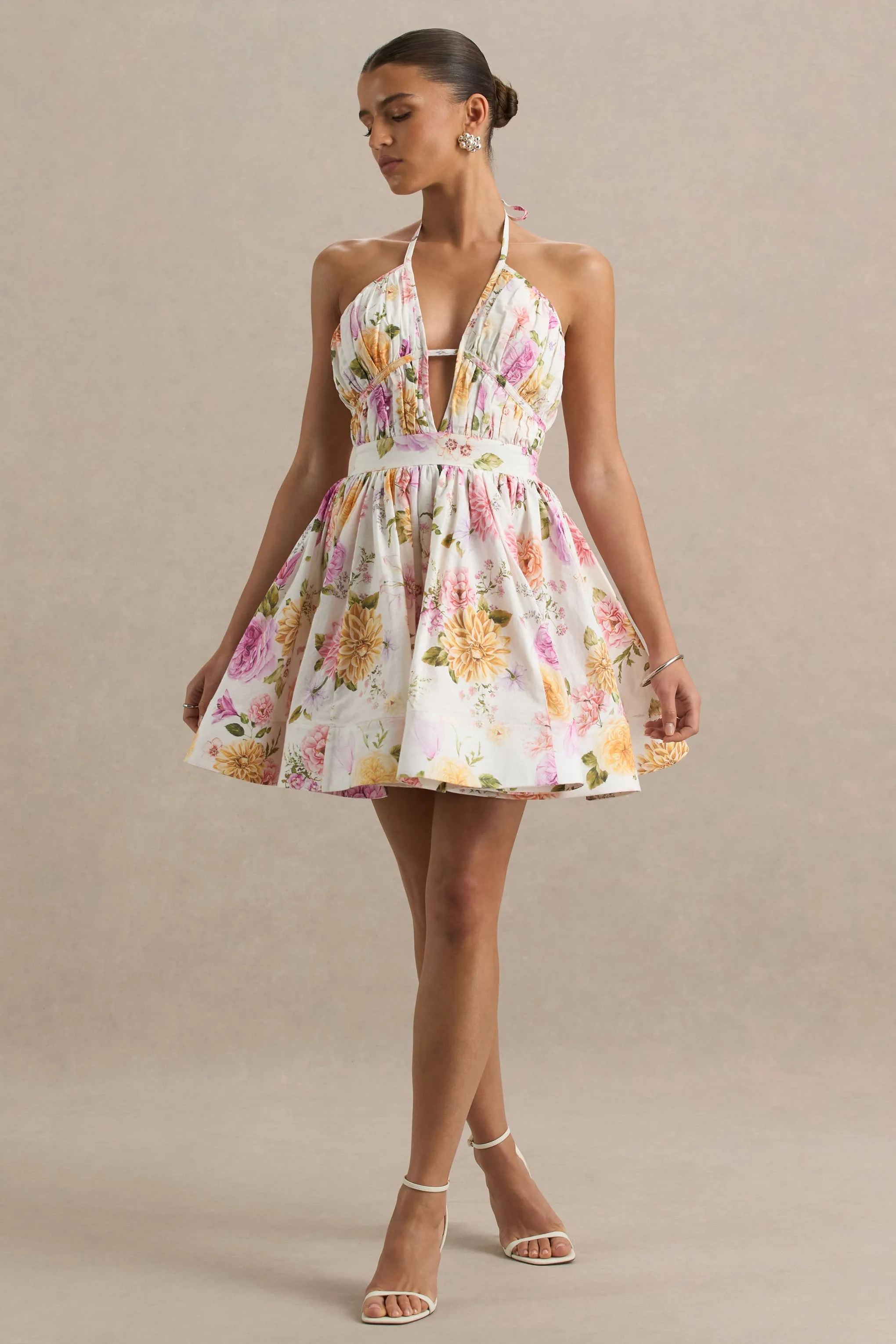 Kasey | Cream Floral Print Halter-Neck Mini Dress With Ruffle Detail sold by Club L London product image thumbnail 5