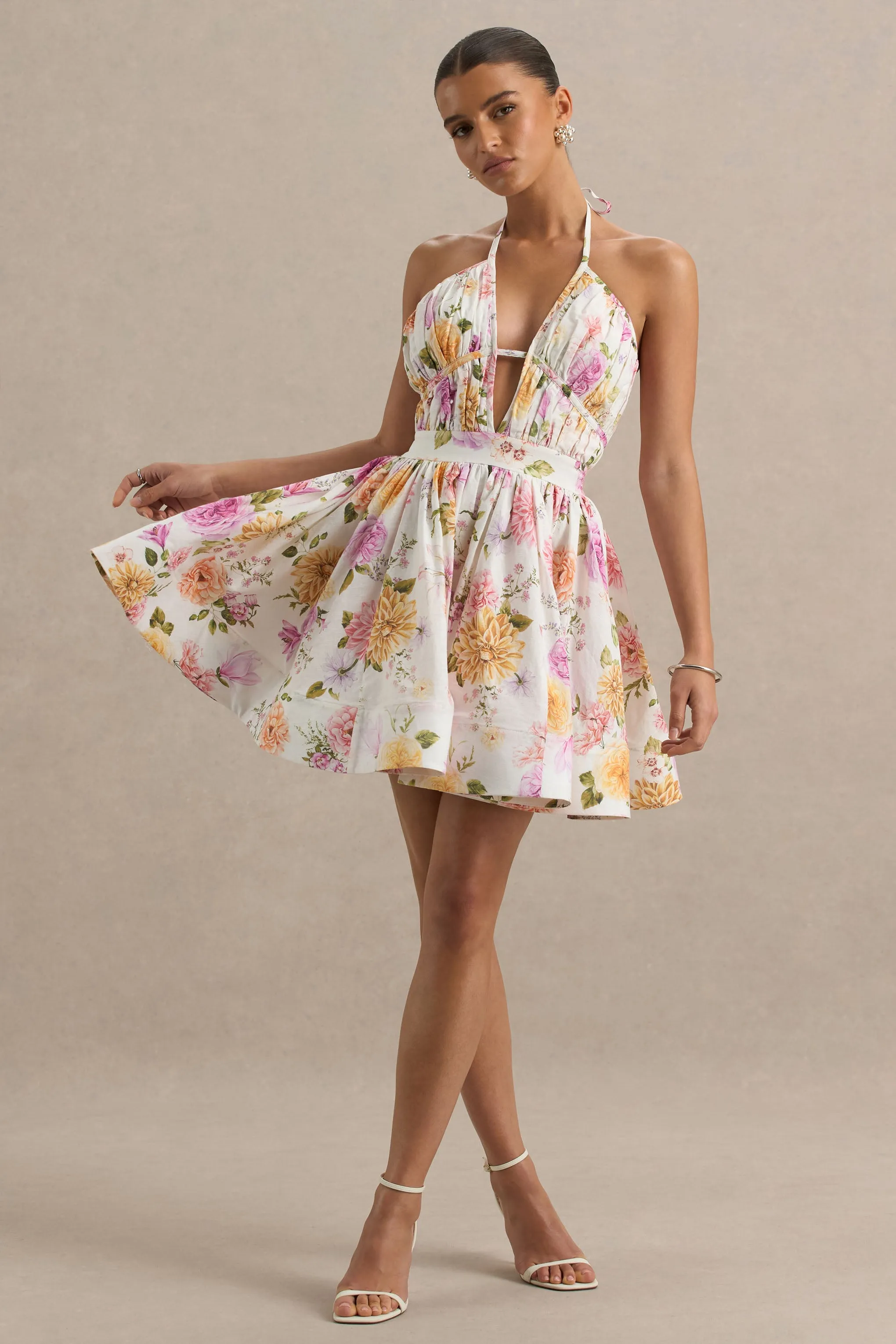 Kasey | Cream Floral Print Halter-Neck Mini Dress With Ruffle Detail sold by Club L London product image thumbnail 4
