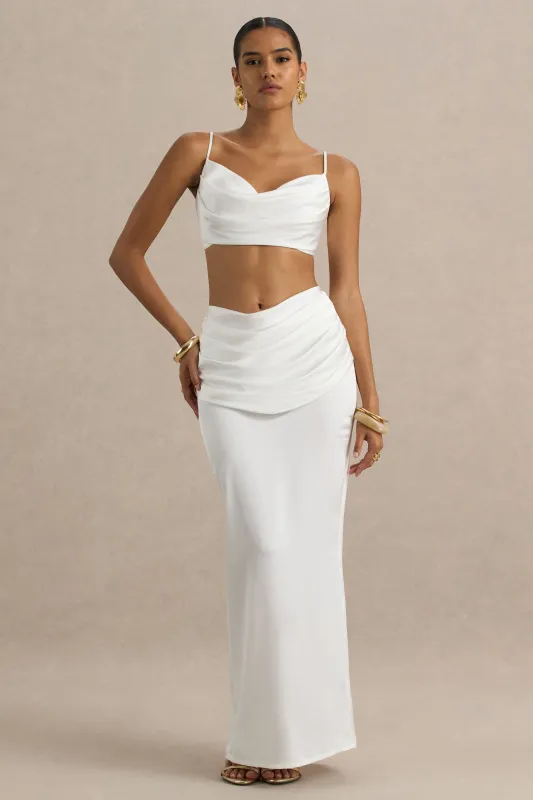 Rosita | White Ruched Maxi Skirt sold by Club L London