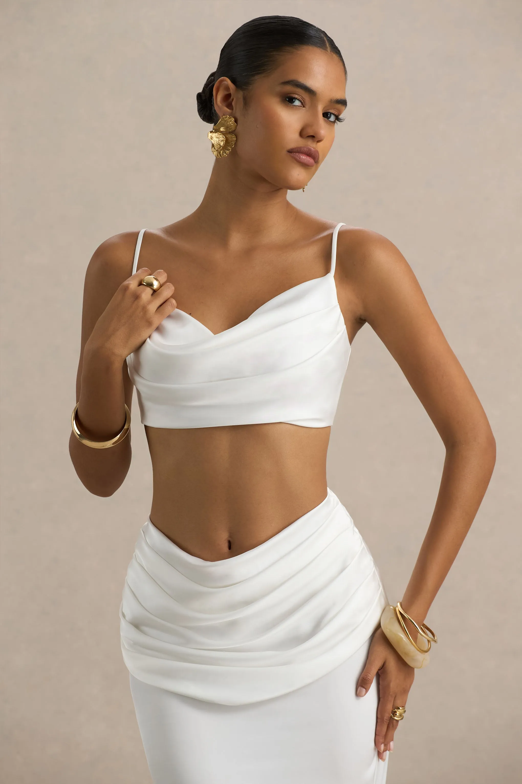 Una | White Ruched Cowl-Neck Crop Top sold by Club L London product image thumbnail 4