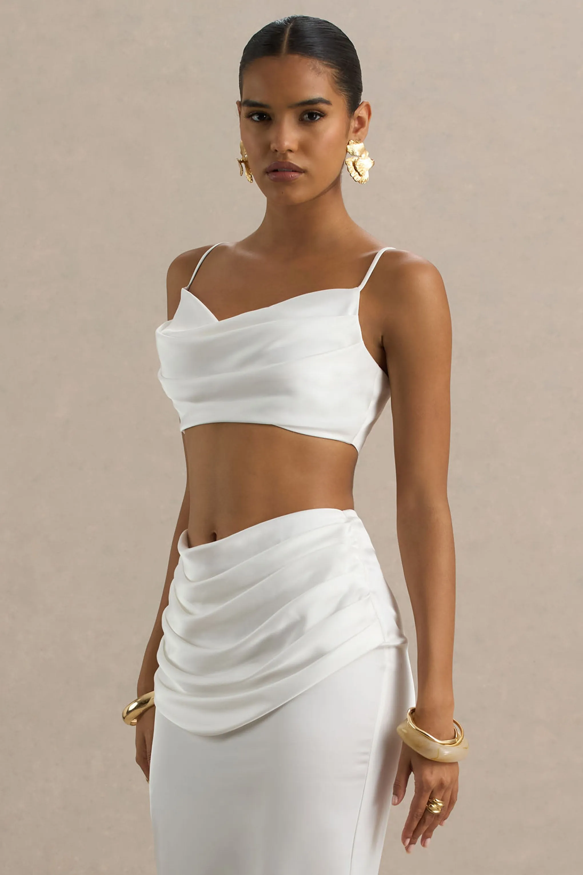 Una | White Ruched Cowl-Neck Crop Top sold by Club L London product image thumbnail 5